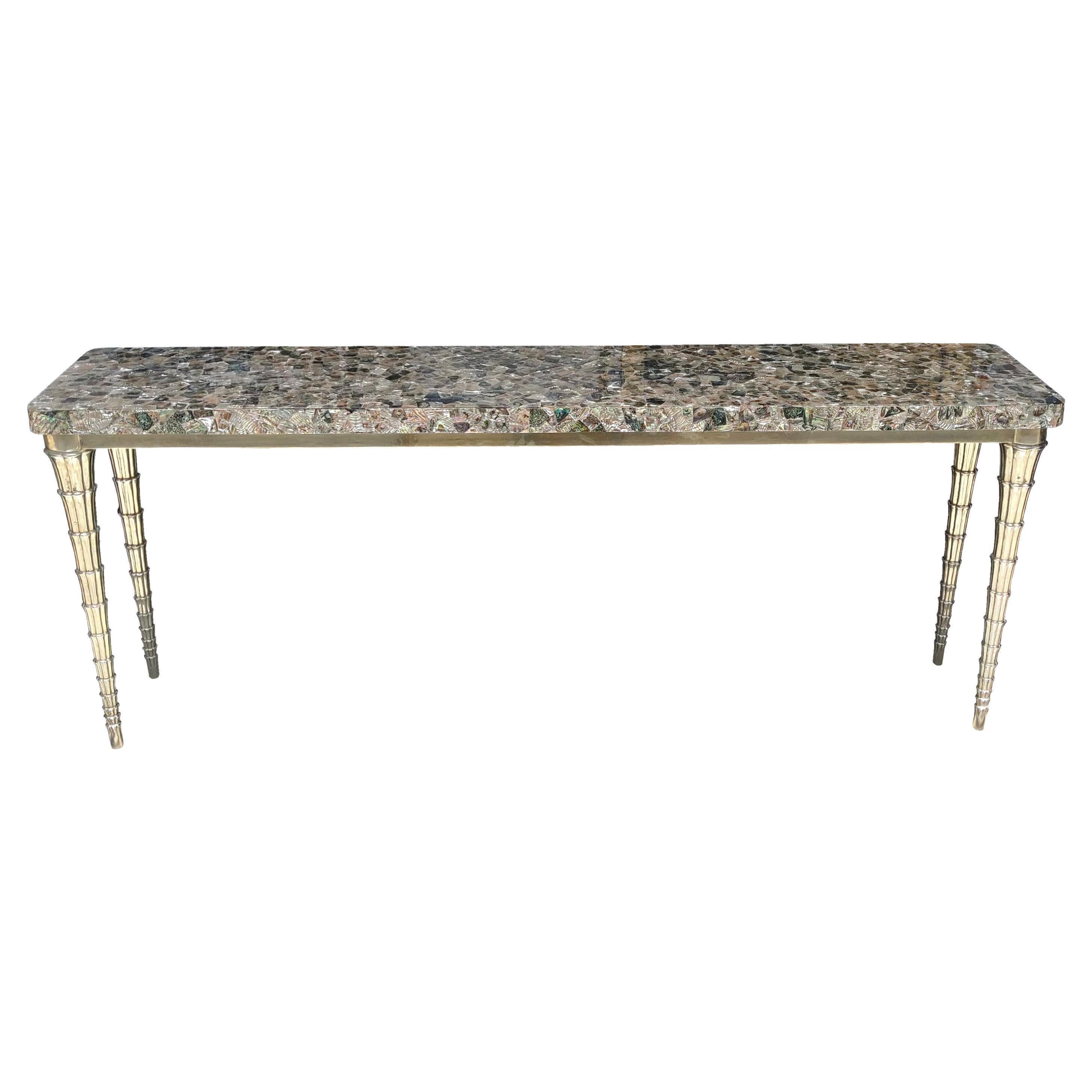 Pink Abalone and White Bronze Clad Cornet Table Handcrafted in India For Sale