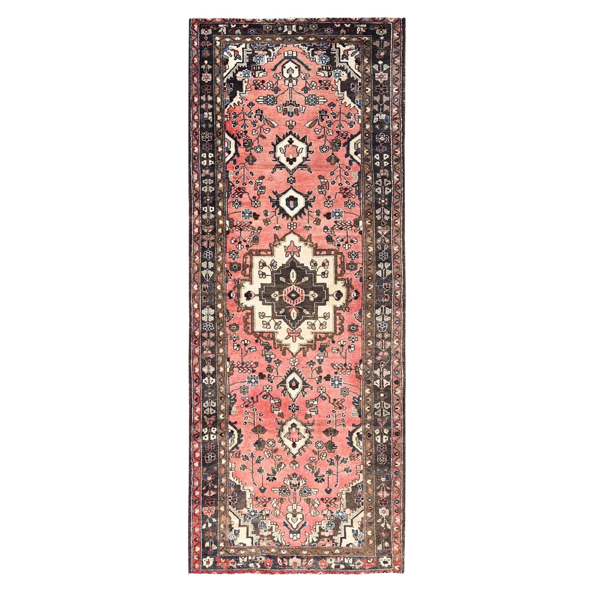 Pink Abrash Vintage Persian Hamadan Hand Knotted Pure Wool Clean Runner Rug For Sale