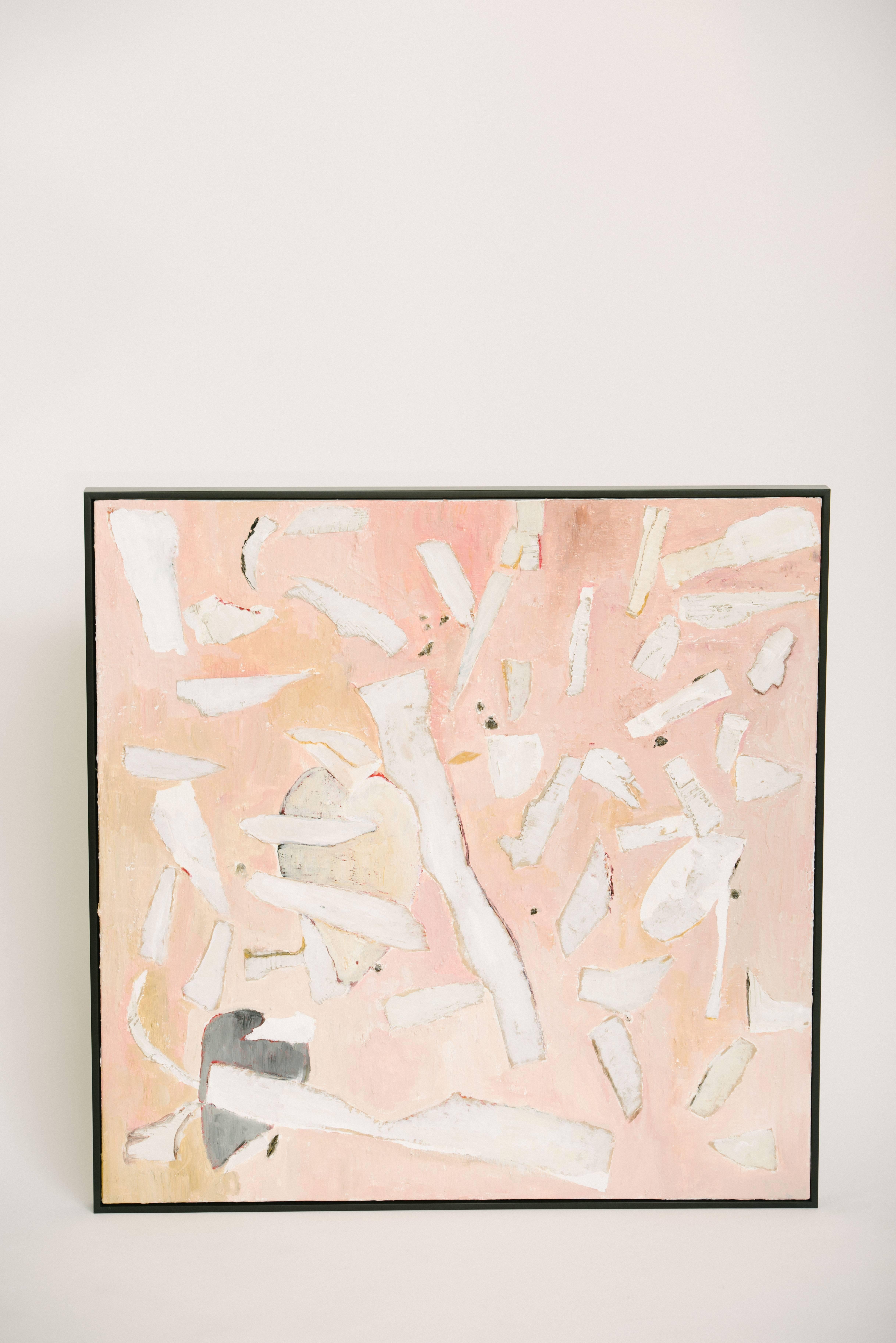 Modern abstract mixed-media paintings by Deborah Gottlieb in pinks, whites and gray with black frame. Sold individually, two available.
