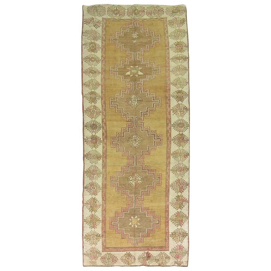 Pink Accent Brown Field 20th Century Vintage Wide Geometric Turkish Runner For Sale