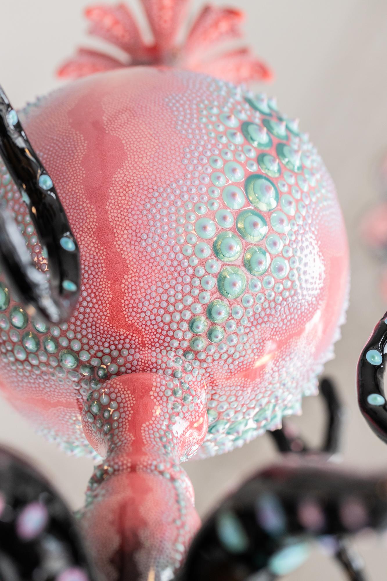 Hand-Painted and Sculpted Pink, Black, and Teal Octopus Chandelier 1