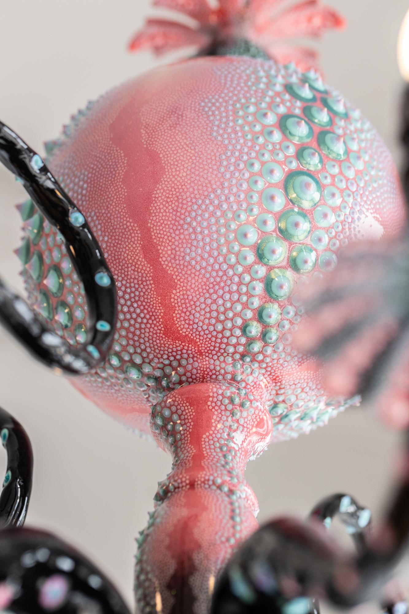 Hand-Painted and Sculpted Pink, Black, and Teal Octopus Chandelier For Sale 3