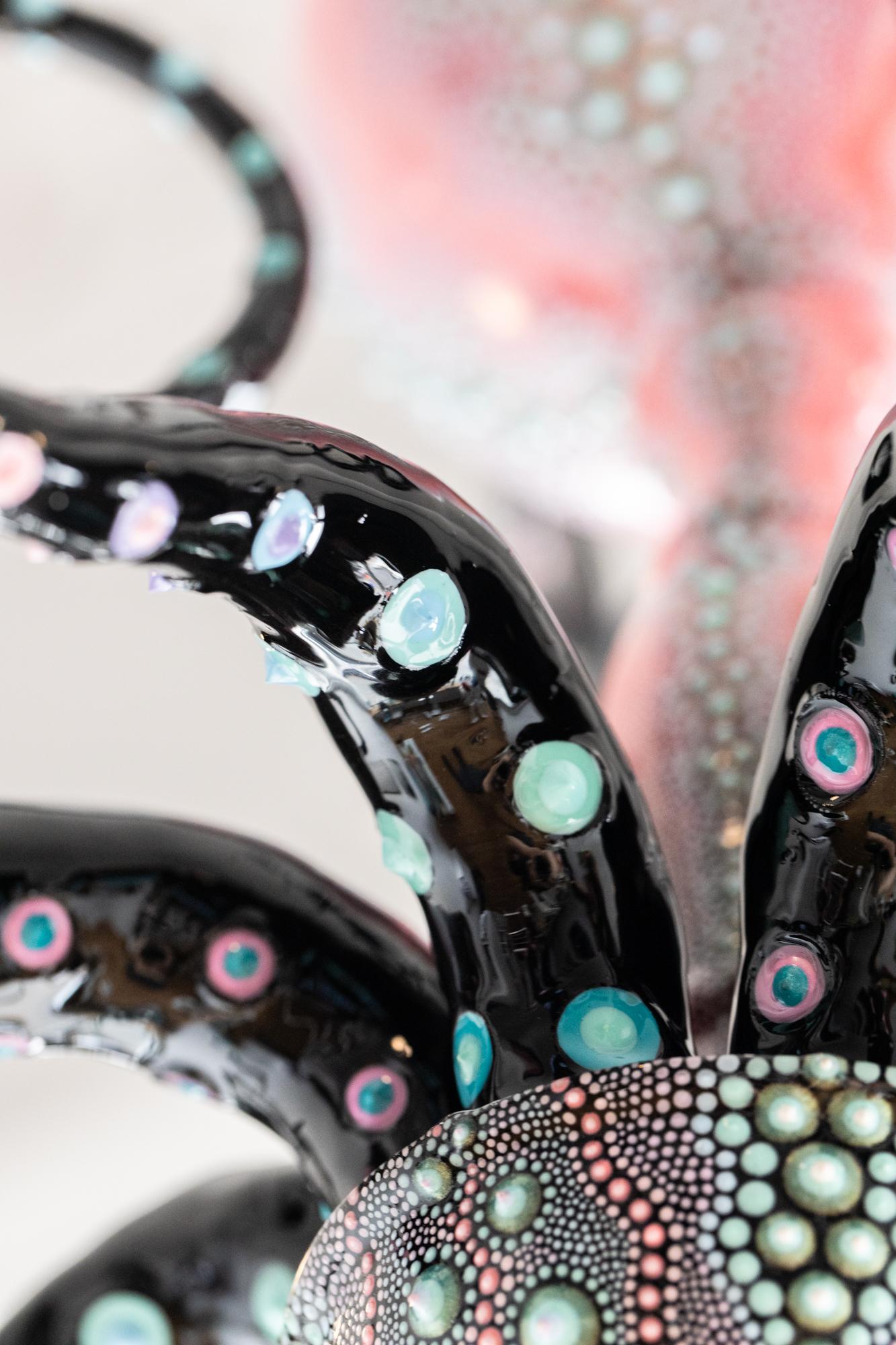 Steel Hand-Painted and Sculpted Pink, Black, and Teal Octopus Chandelier For Sale