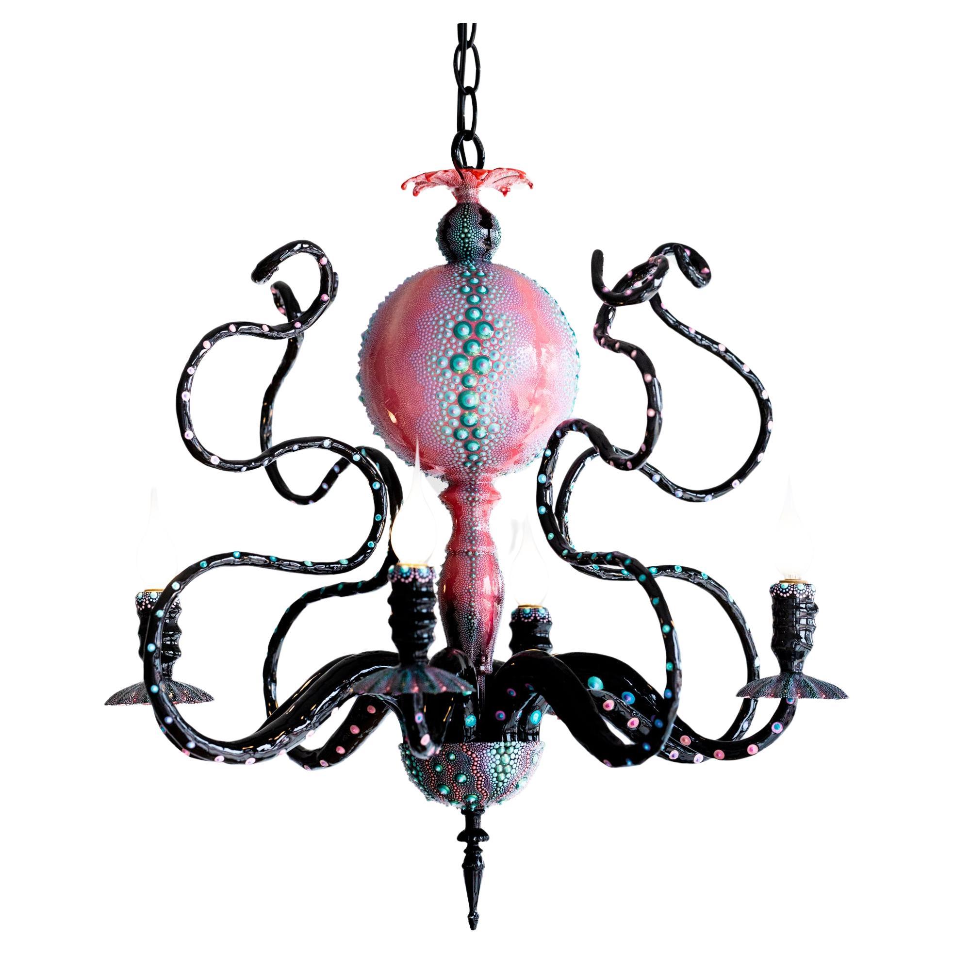 Hand-Painted and Sculpted Pink, Black, and Teal Octopus Chandelier