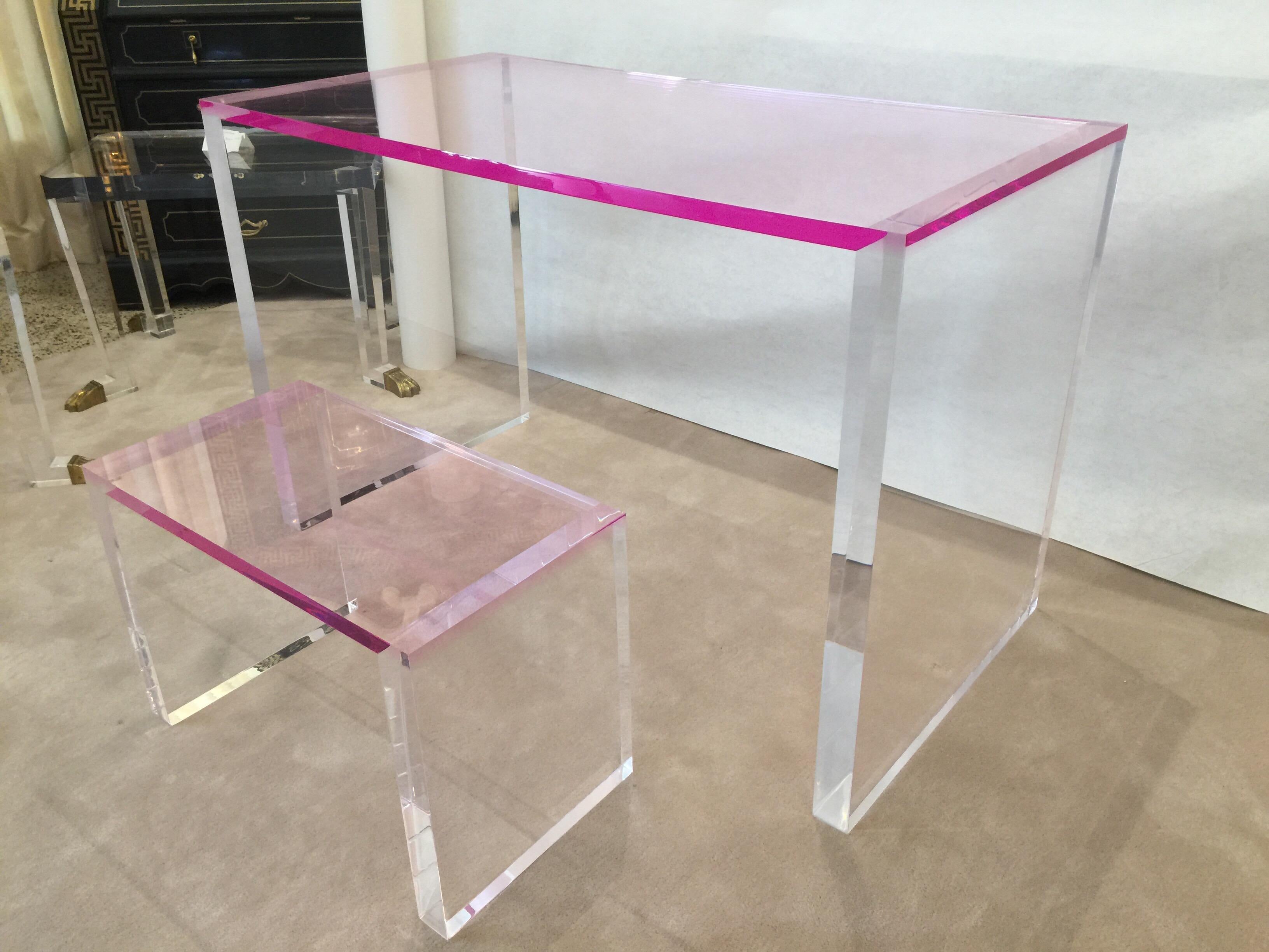 Very thick ‘2 inch laterals’ acrylic desk/ table with a matching bench. Extremely heavy and well crafted. This is a custom piece. Exceptional!