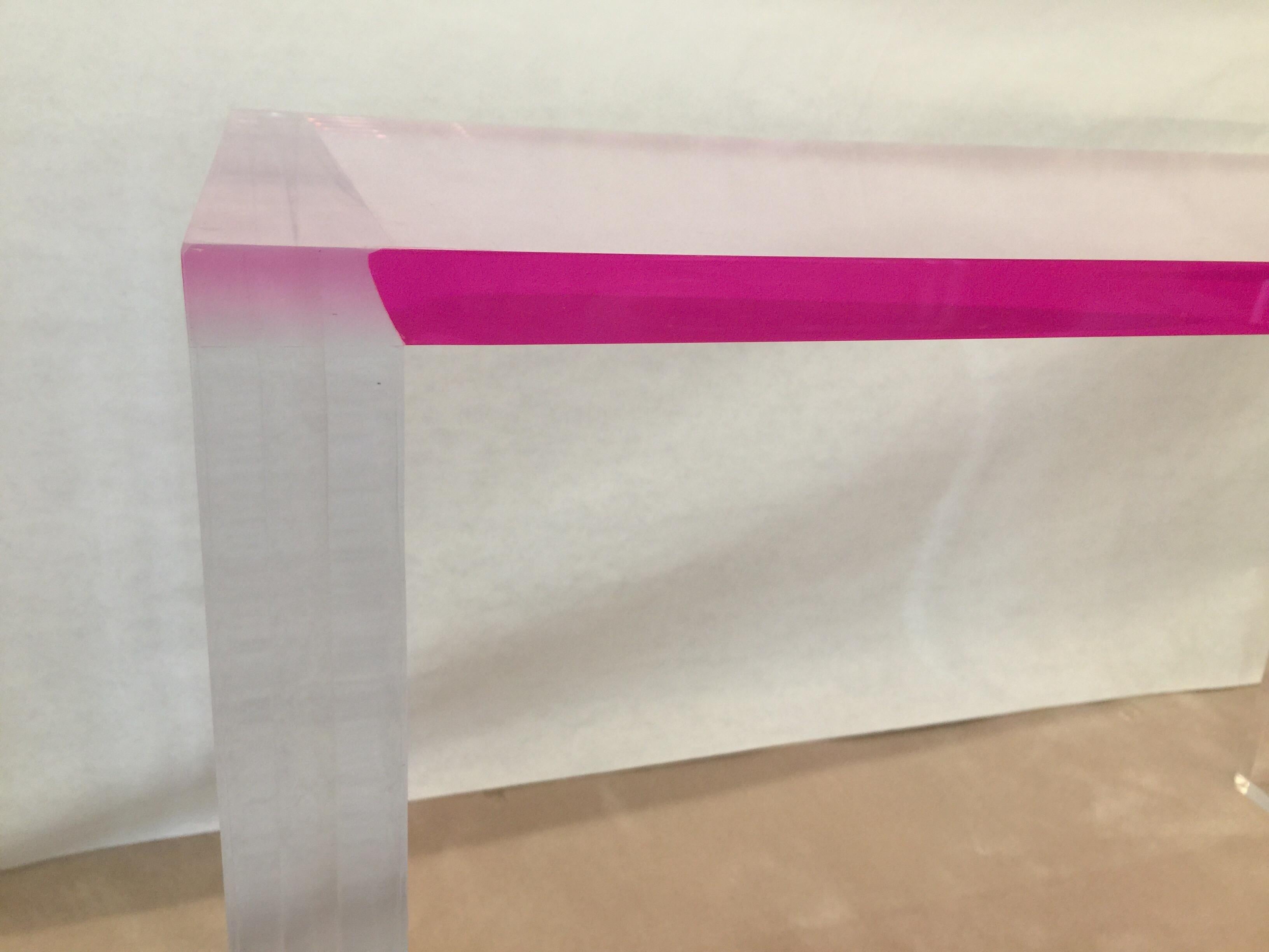 Pink Acrylic Desk and Matching Bench In Excellent Condition In East Hampton, NY