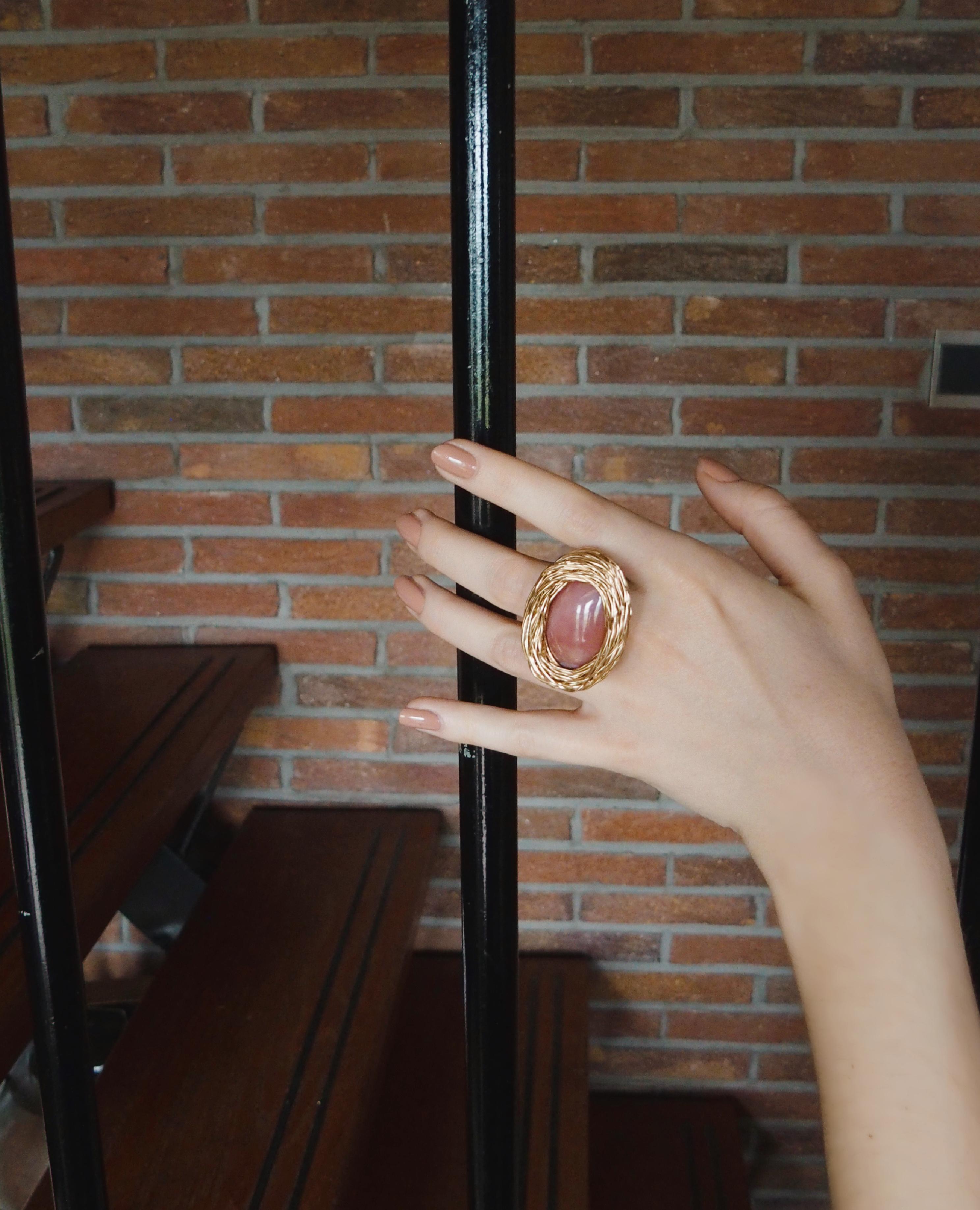 Pink Agate Cabochon Statement Cocktail Ring One-Of-a-Kind by the Artist For Sale 11