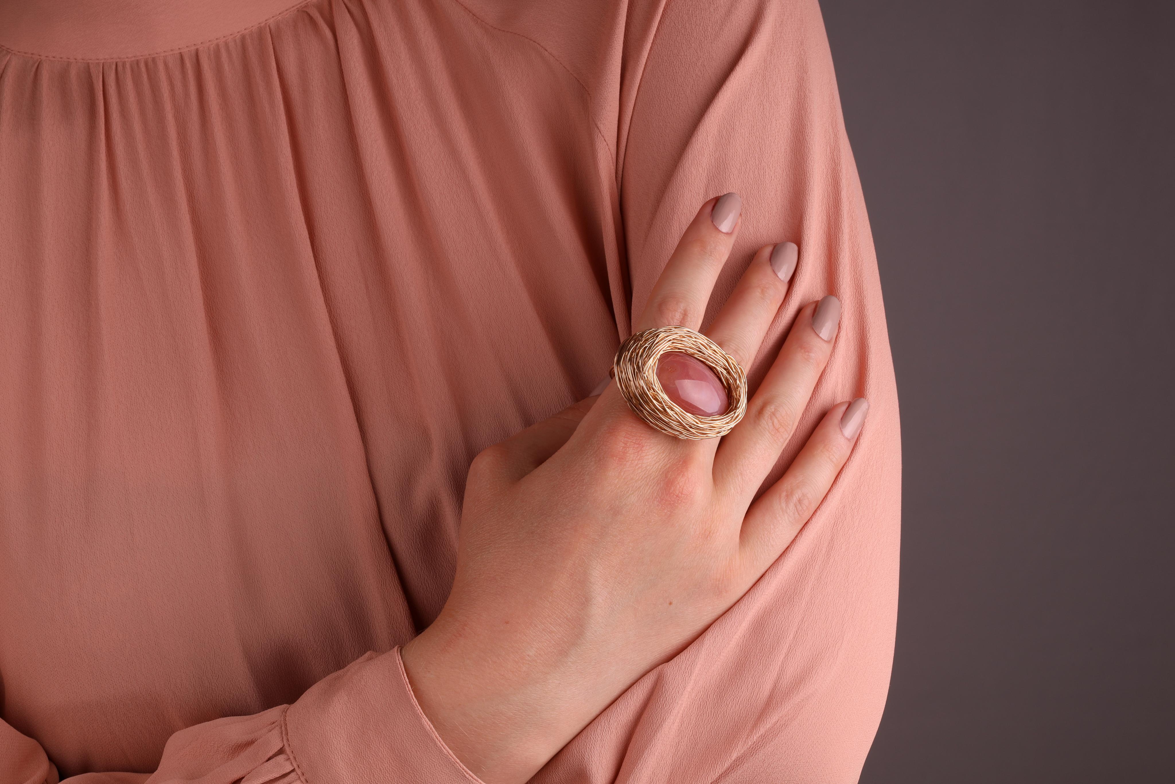 Contemporary Pink Agate Cabochon Statement Cocktail Ring One-Of-a-Kind by the Artist For Sale