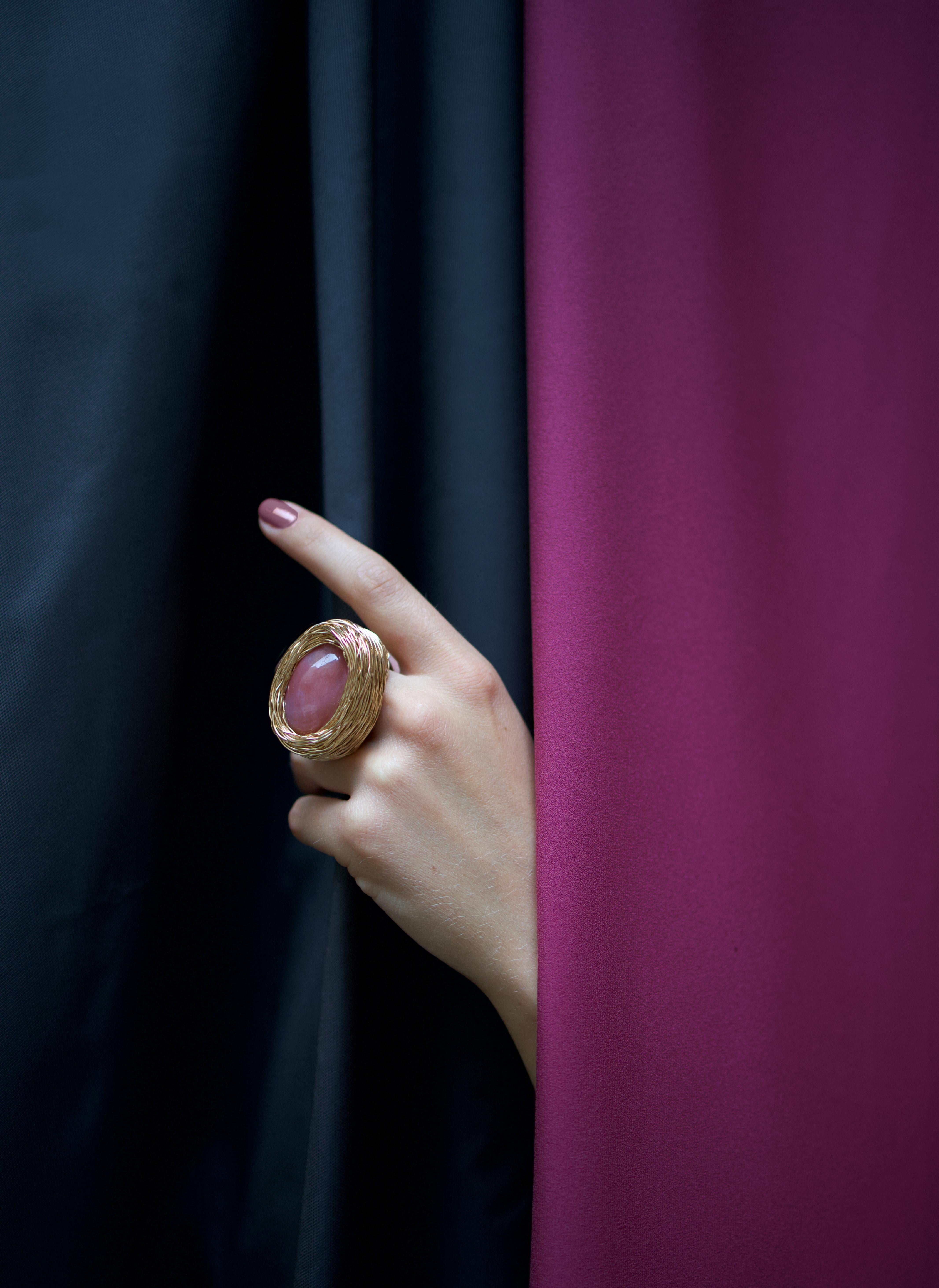 Women's or Men's Pink Agate Cabochon Statement Cocktail Ring One-Of-a-Kind by the Artist For Sale