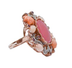 Pink Agate, Coral, Rubies, Diamonds, Rose Gold and Silver Ring.