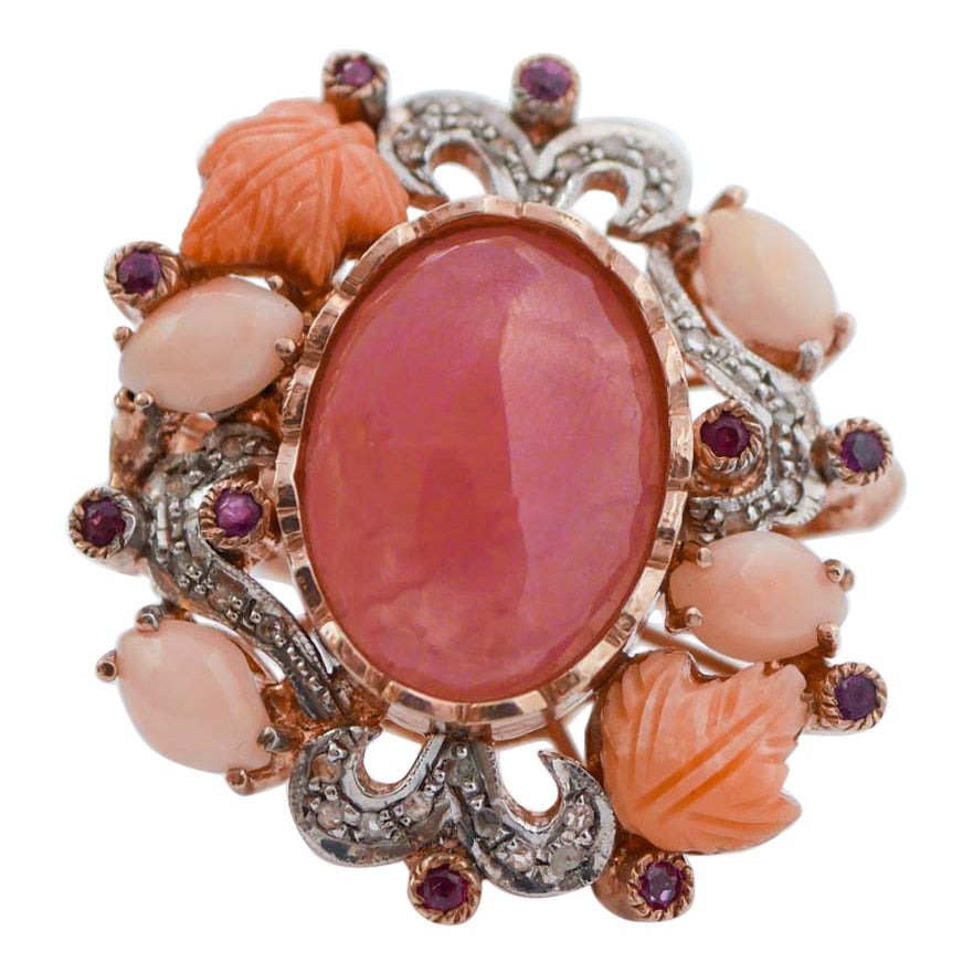 Pink Agate, Coral, Rubies, Diamonds, Rose Gold and Silver Ring.