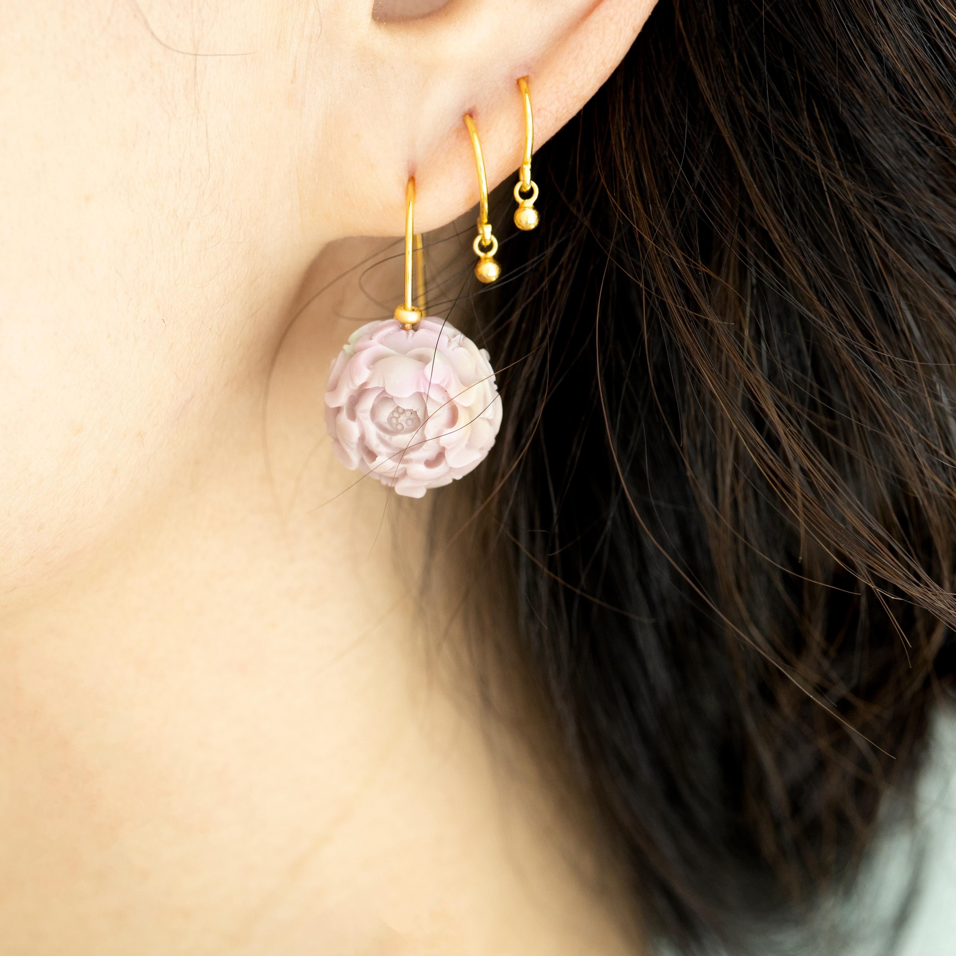 Pink Agate Peony Flower Earrings - By Bombyx House In New Condition For Sale In Westport, CT