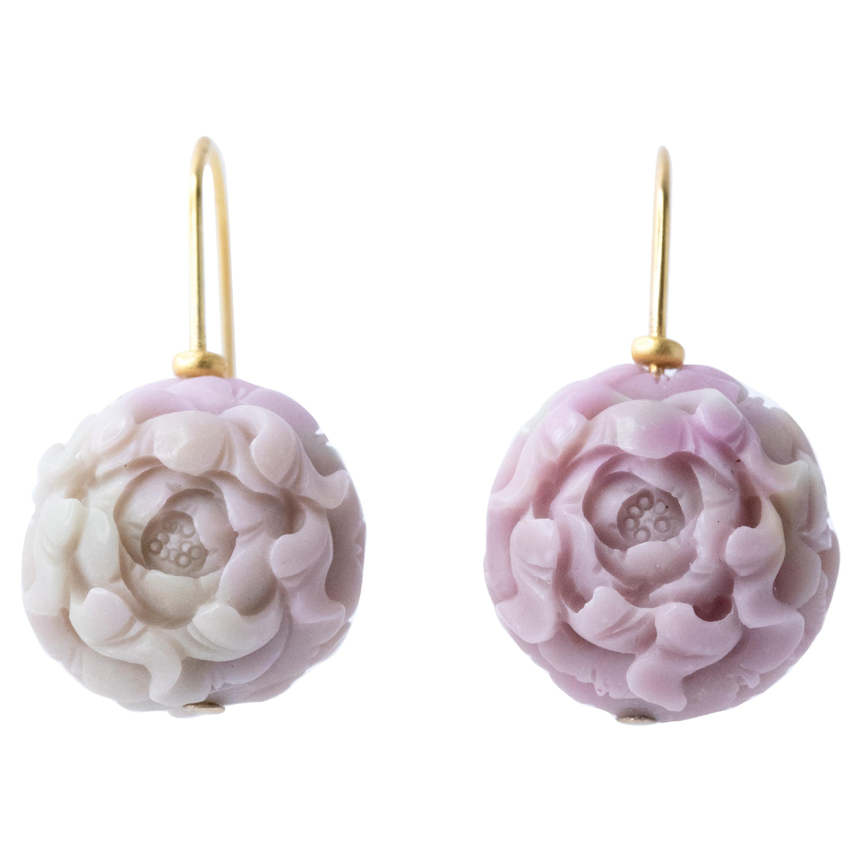 Pink Agate Peony Flower Earrings - By Bombyx House For Sale