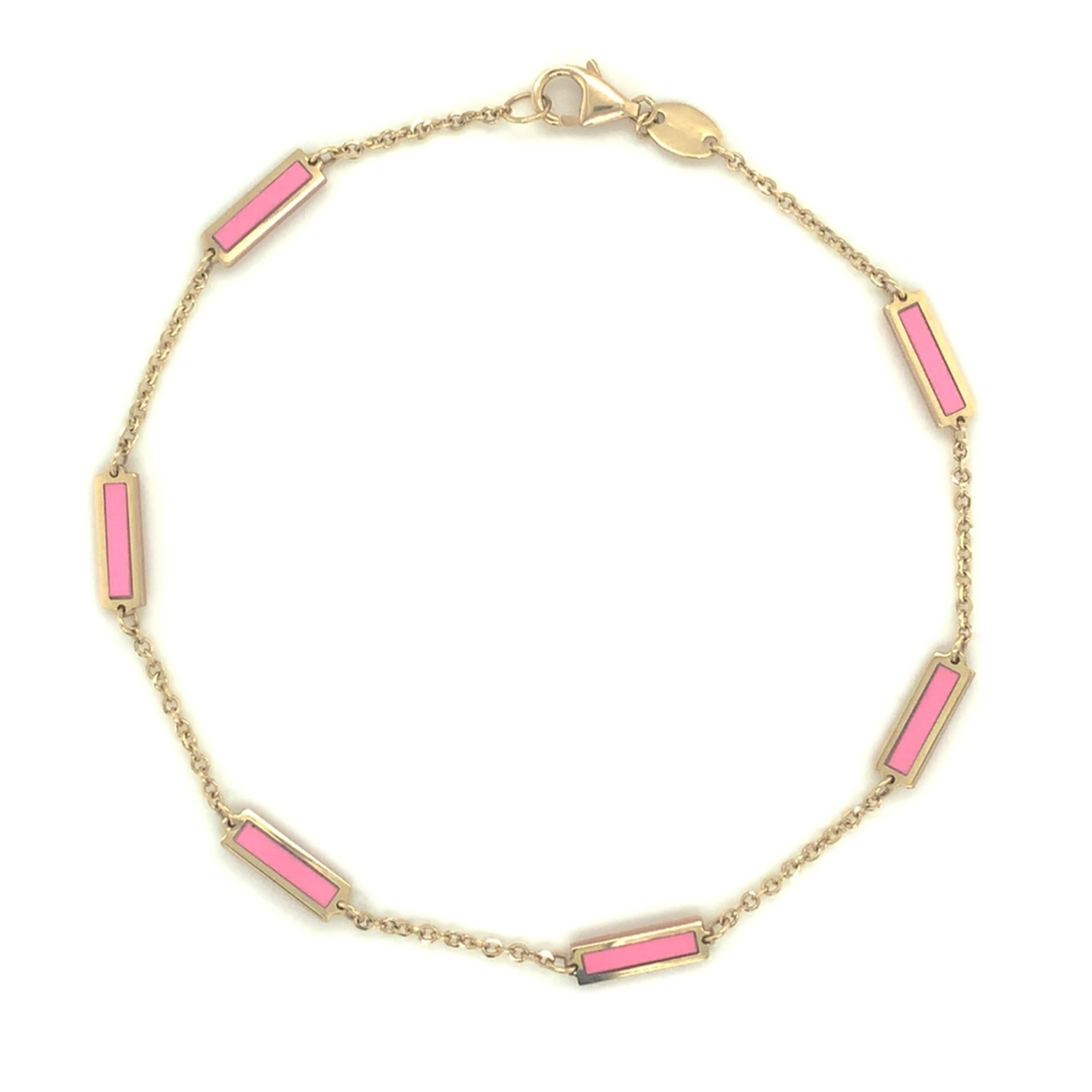 Quality Pink Agate Bar Bracelet: Focused on design and detail, these beautiful Pink Agate gemstone bracelet of your choice features a station bar design and is crafted of 14k yellow gold. Bracelet measurement is 7
