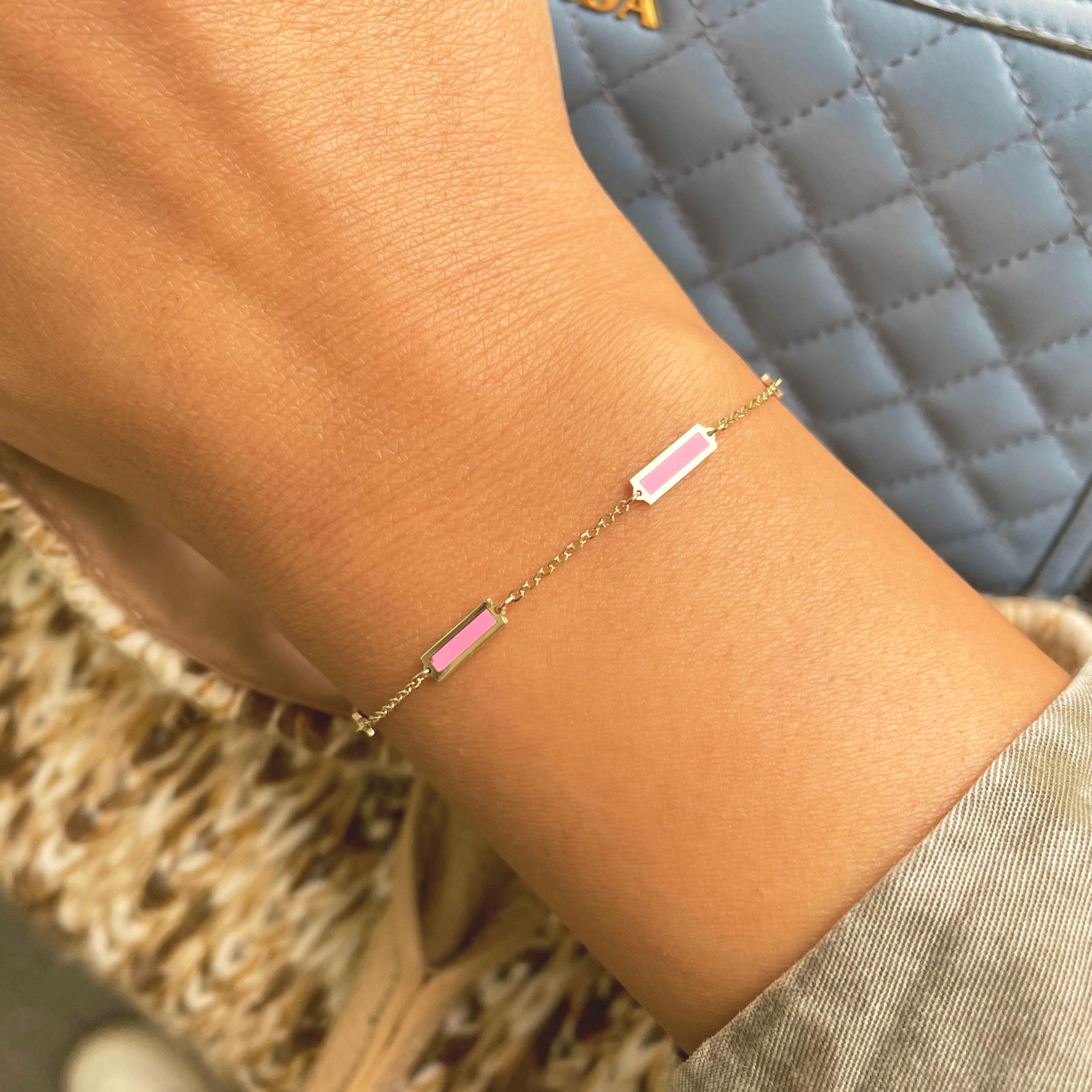 Contemporary Pink Agate Stackable Bar Bracelet for Her, 14K Gold Women's Pink Bracelet For Sale