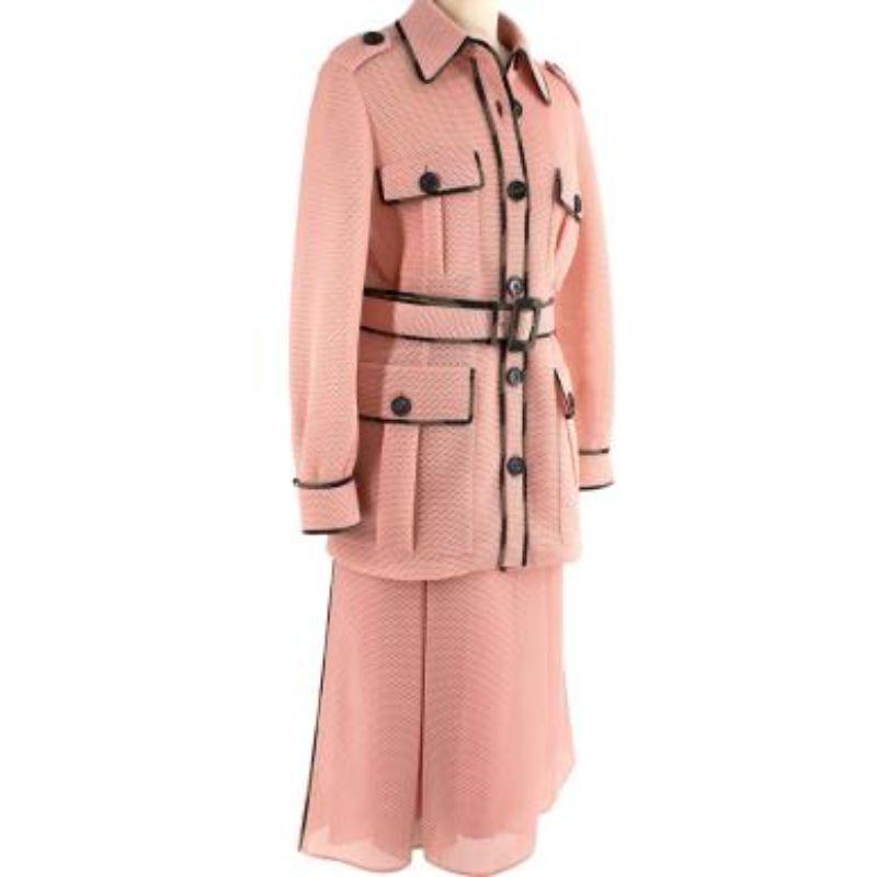 Fendi Pink Airtex belted safari jacket & skirt
 
 
 
 - Pale, rose pink Airtex mesh, with black and green camouflage piped trims
 
 - Safari-style jacket with classic collar and button finished flap patch pockets
 
 - Tonal buckled belt
 
 - Gently