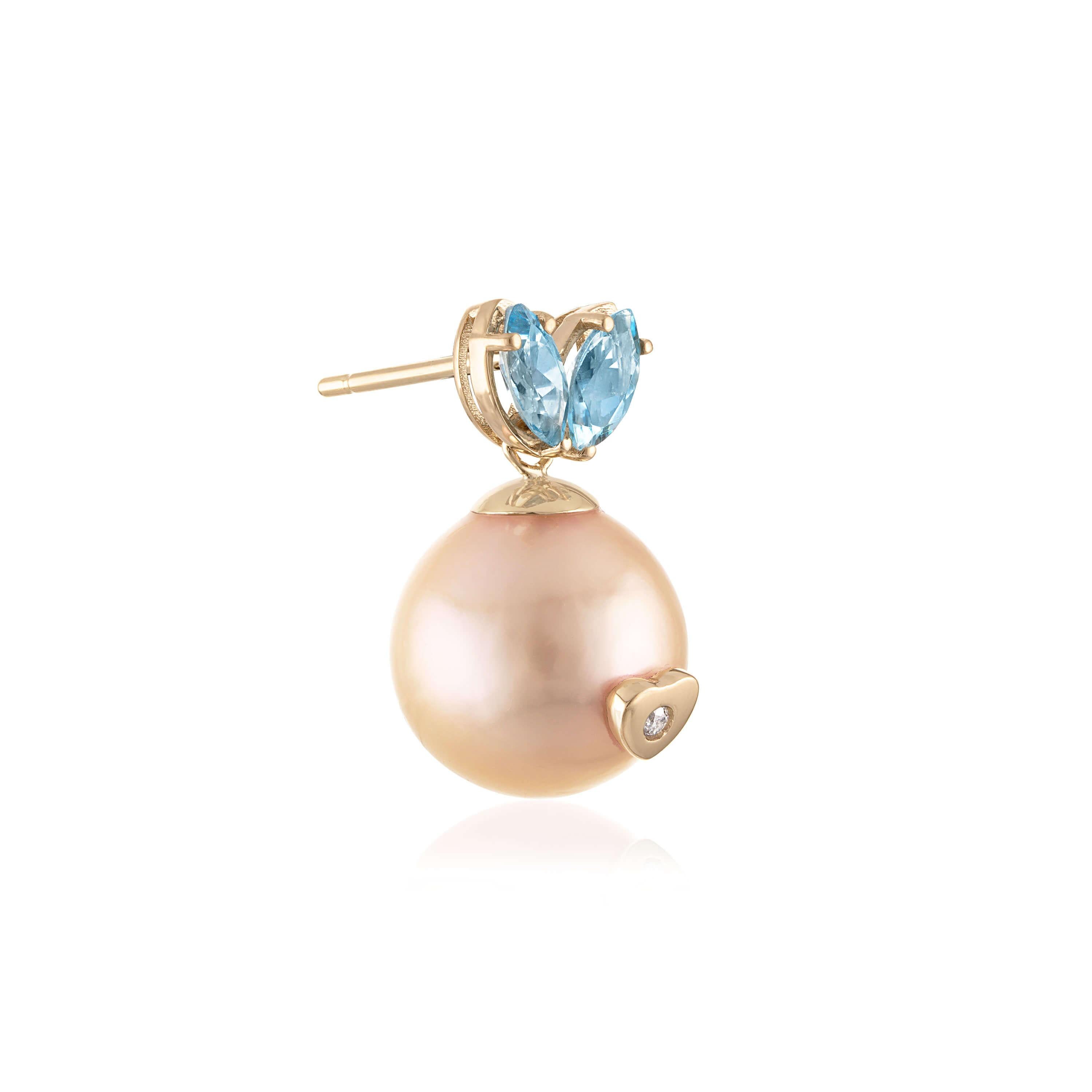 Pinke Akoya-Perlen-Aqua-Diamant-Königin-Kaninchen-Herz-Nase 14k Gold-Ohrringe kennzeichnen ungefähr 11.5mm runde Akoya-Perle, 6mm x 3mm Aqua und 1.5mm Diamant. Die Ohrringe sind ca. 11,5 mm x 19 mm groß und haben einen Ohrstecker. Logo auf der