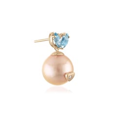 Pink Akoya Pearl Aqua Diamond Queen Rabbit Heart Nose 14k Gold Earrings