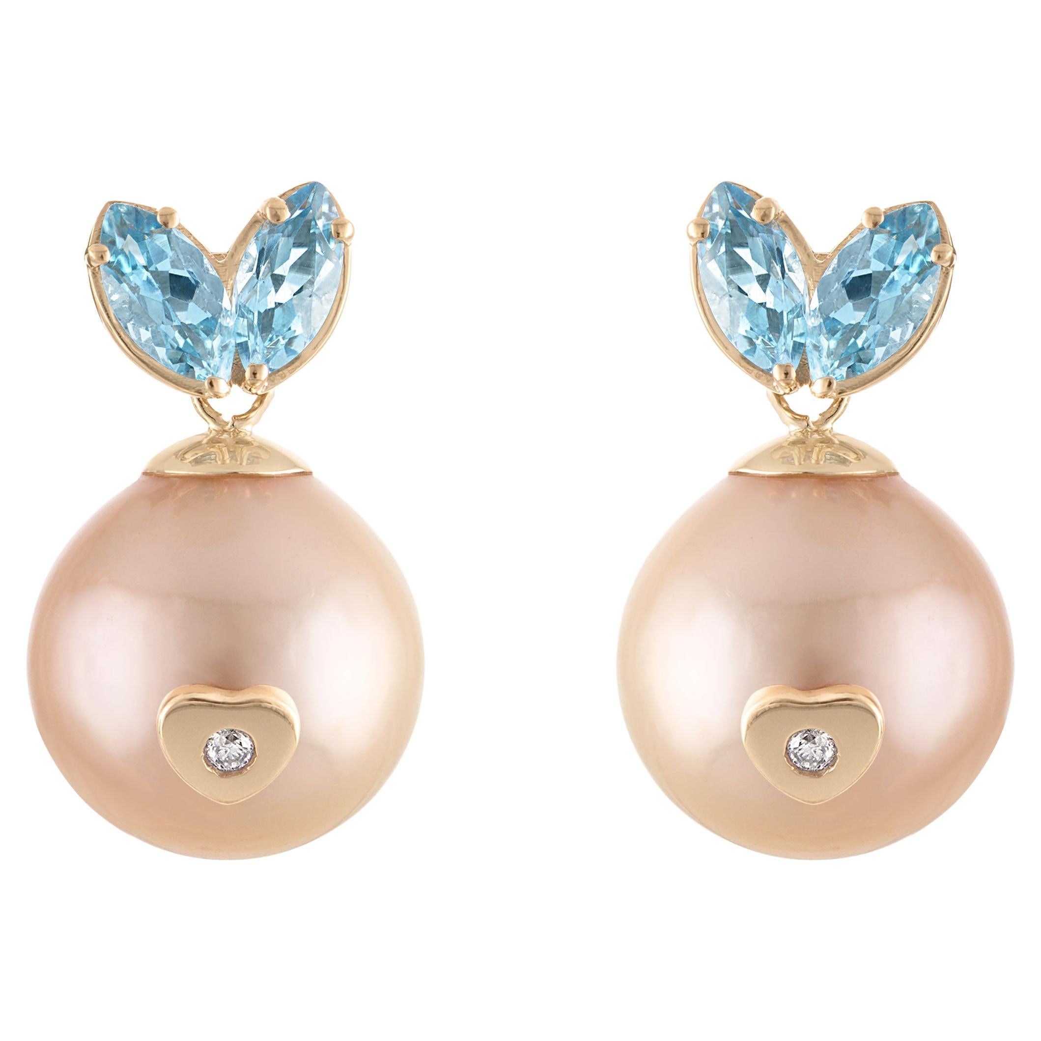 Ohrringe aus 14 Karat Gold mit rosa Akoya-Perle Aqua Diamant Königin Kaninchen Herz im Angebot