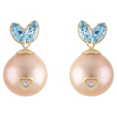 Pink Akoya Pearl Aqua Diamond Queen Rabbit Heart Nose 14k Gold Earrings