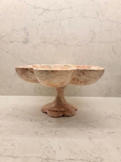 Pink Alabaster Marble Stone Decorative Pedestal Bowl and Scalloped Edges