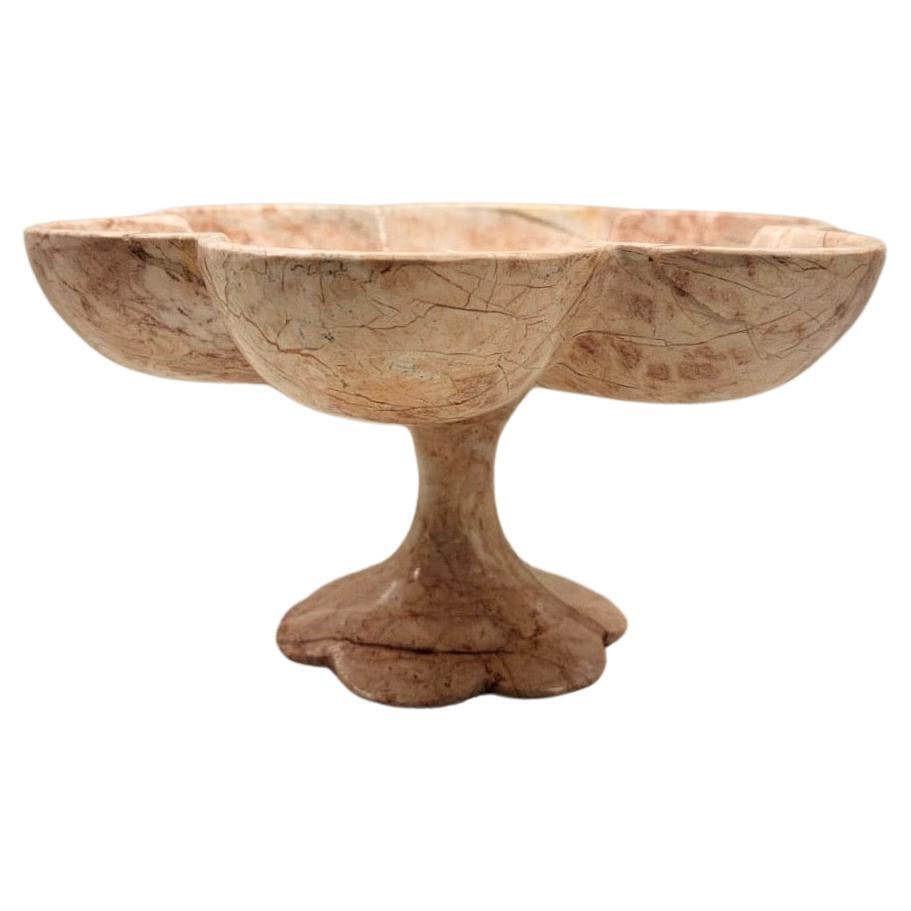 Pink Alabaster Marble Stone Decorative Pedestal Bowl and Scalloped Edges  For Sale