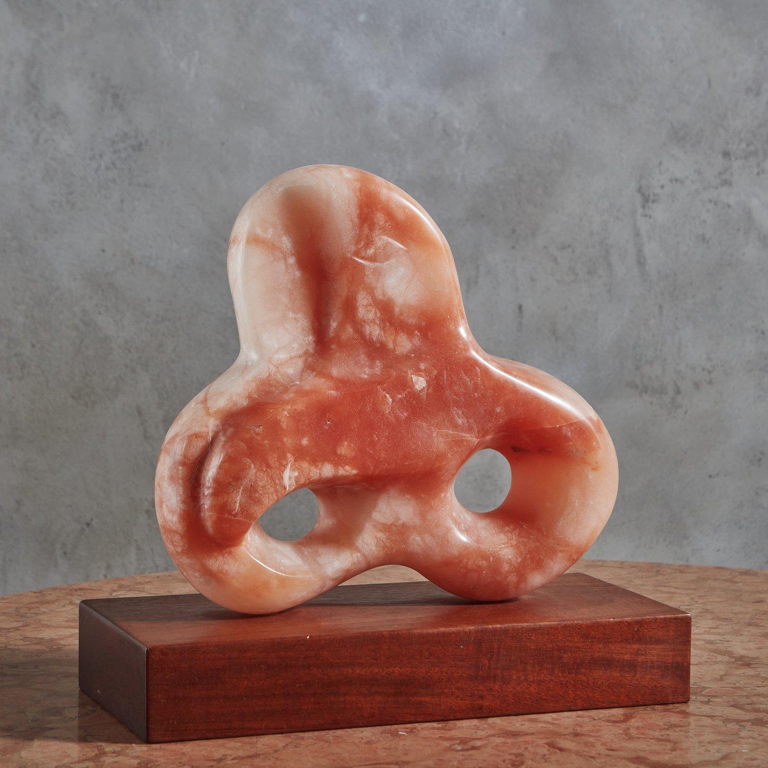 Organic Modern Pink Alabaster Sculpture on Wooden Base by Suzanne Sumner 