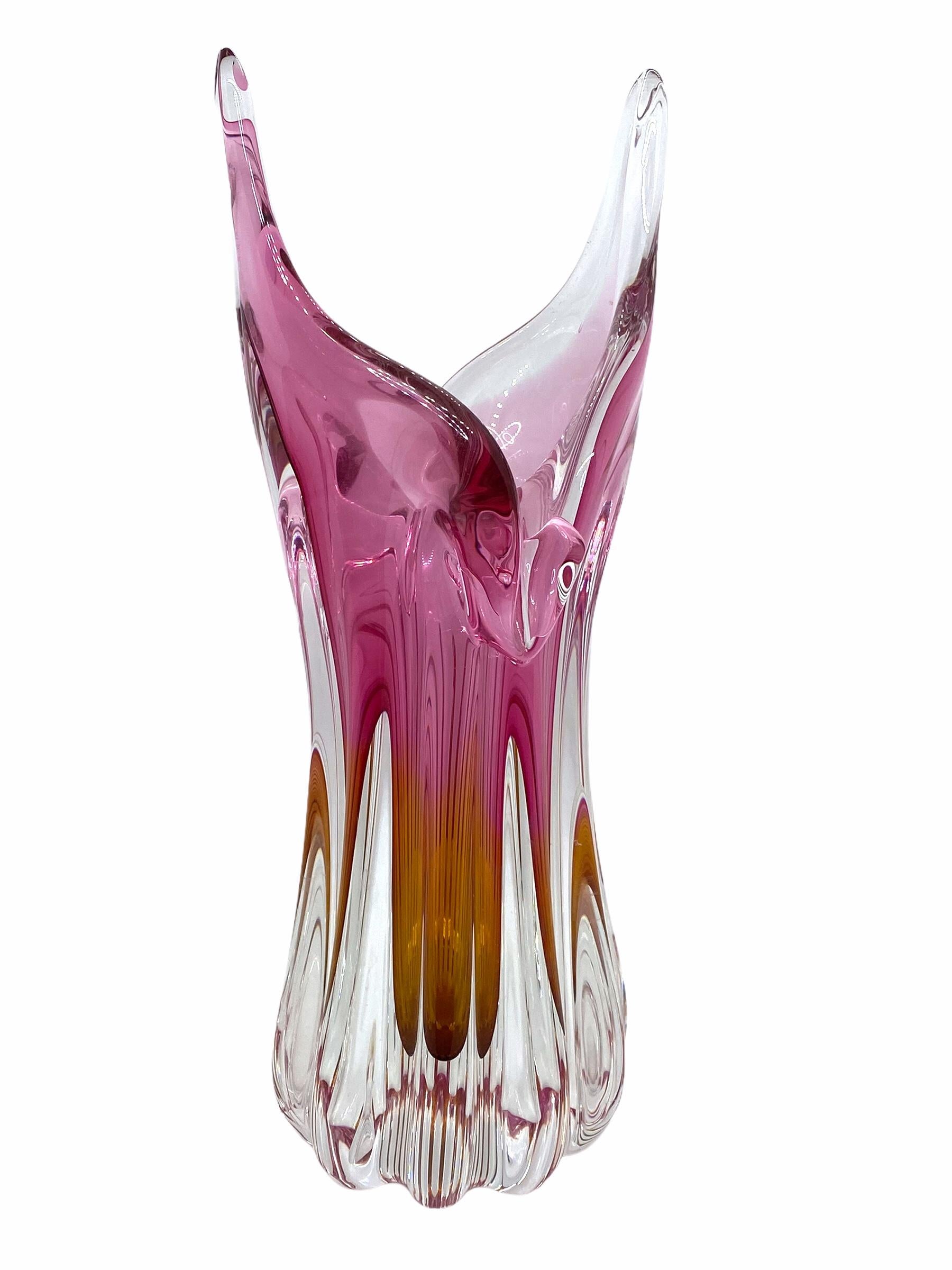 Mid-Century Modern Pink Amber and Clear Sommerso Art Glass Vase Murano, Italy, 1970s
