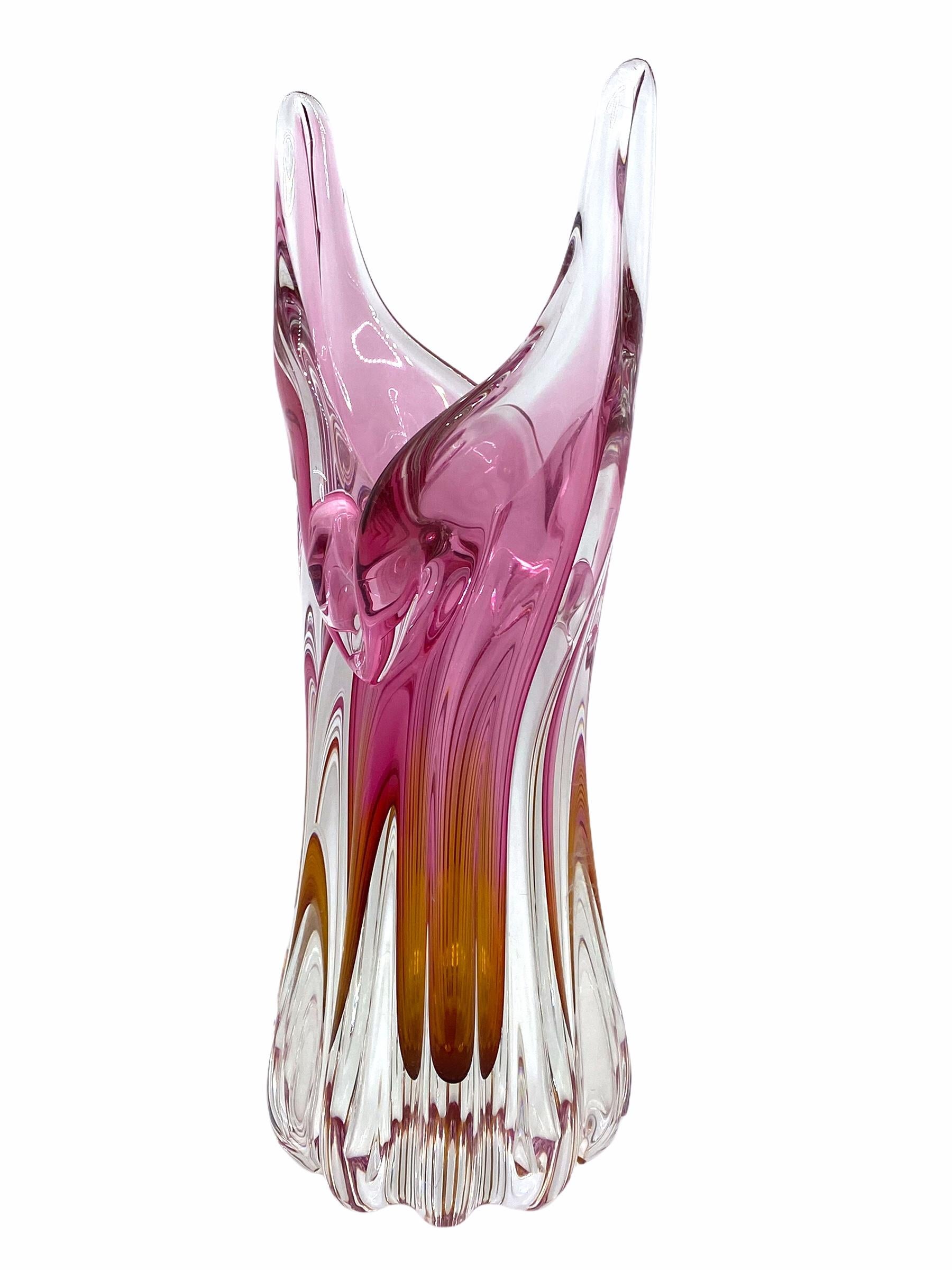 Italian Pink Amber and Clear Sommerso Art Glass Vase Murano, Italy, 1970s