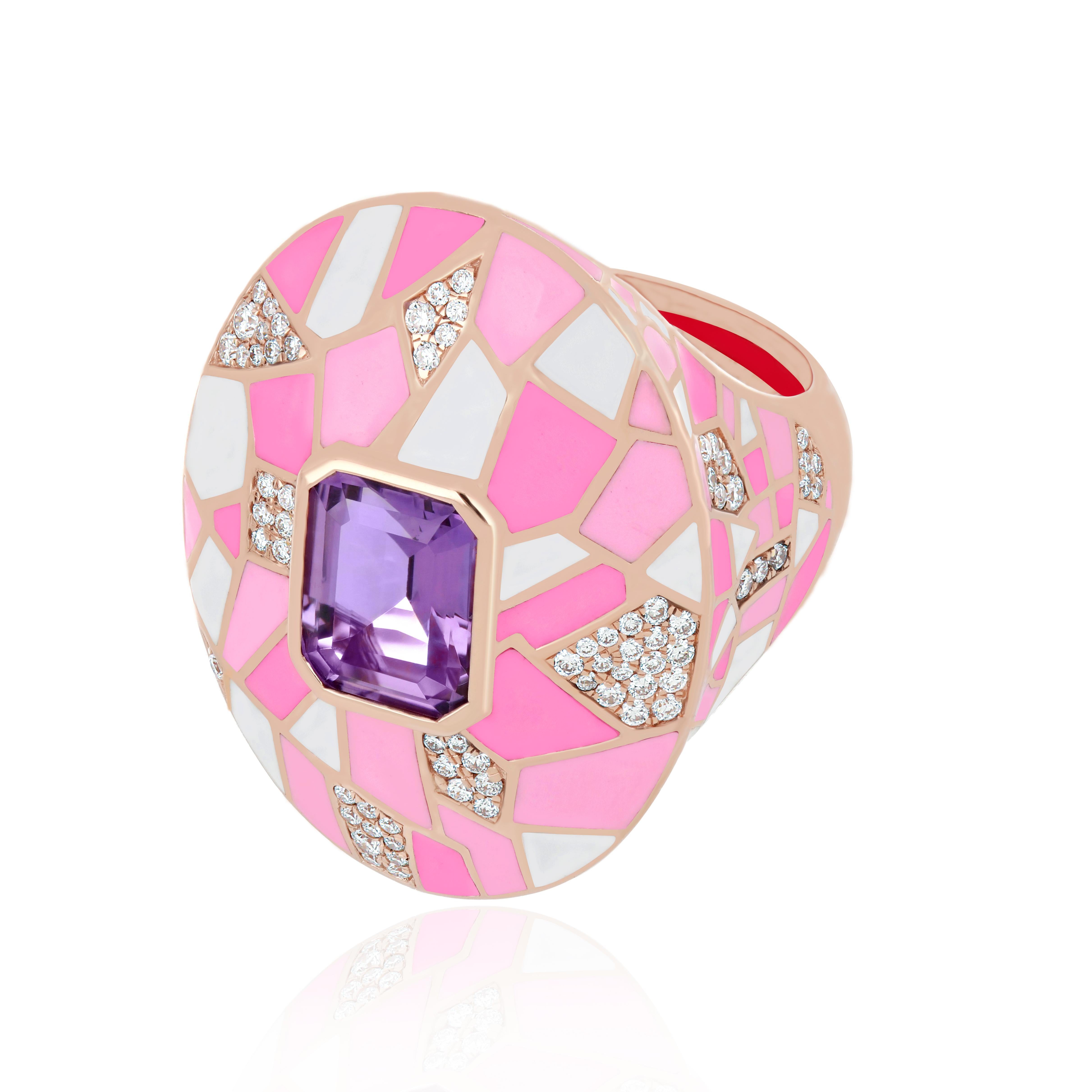 For Sale:  Pink Amethyst and Diamond 14K Rose Gold Enamel Ring for Charismas Gift 3
