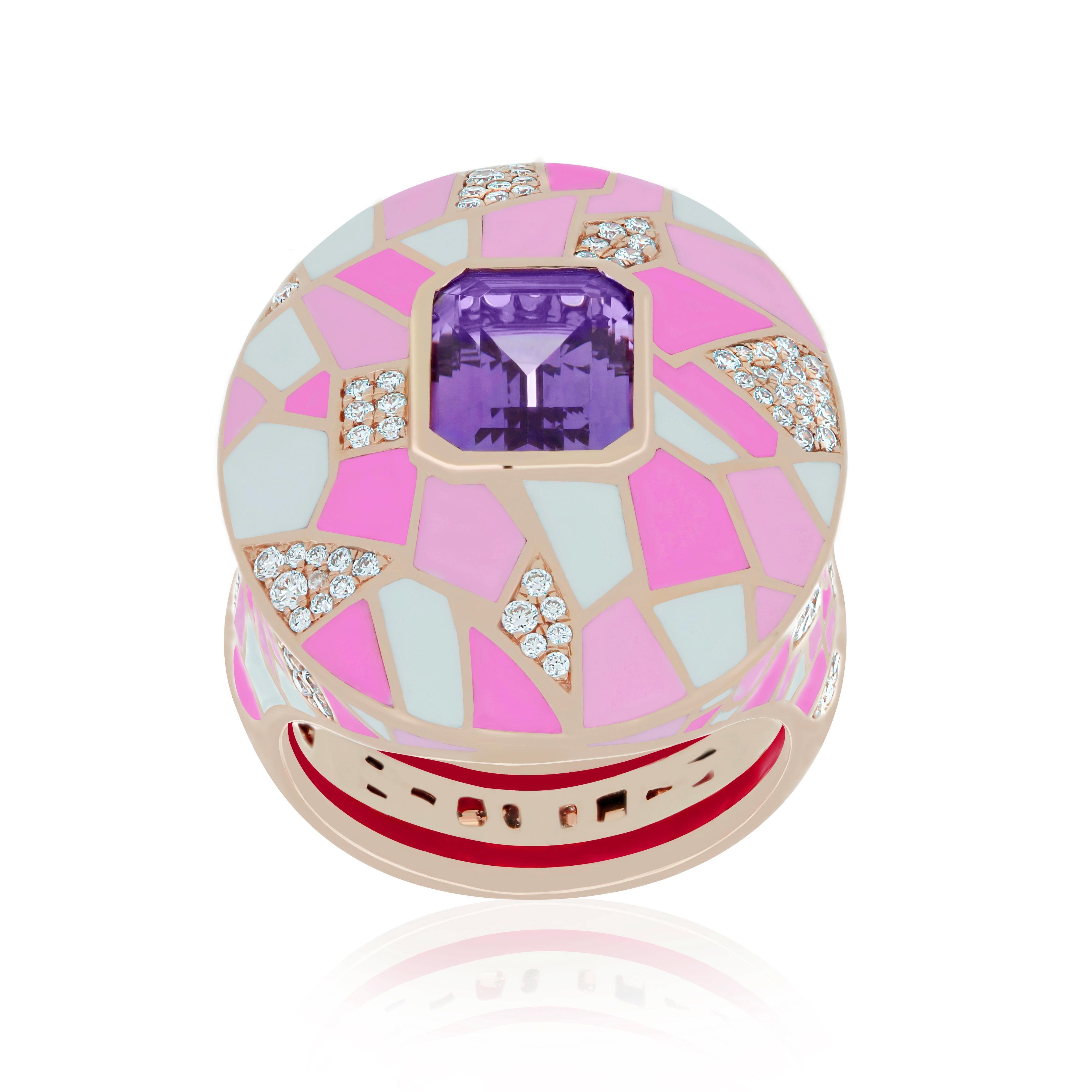 For Sale:  Pink Amethyst and Diamond 14K Rose Gold Enamel Ring for Charismas Gift 4