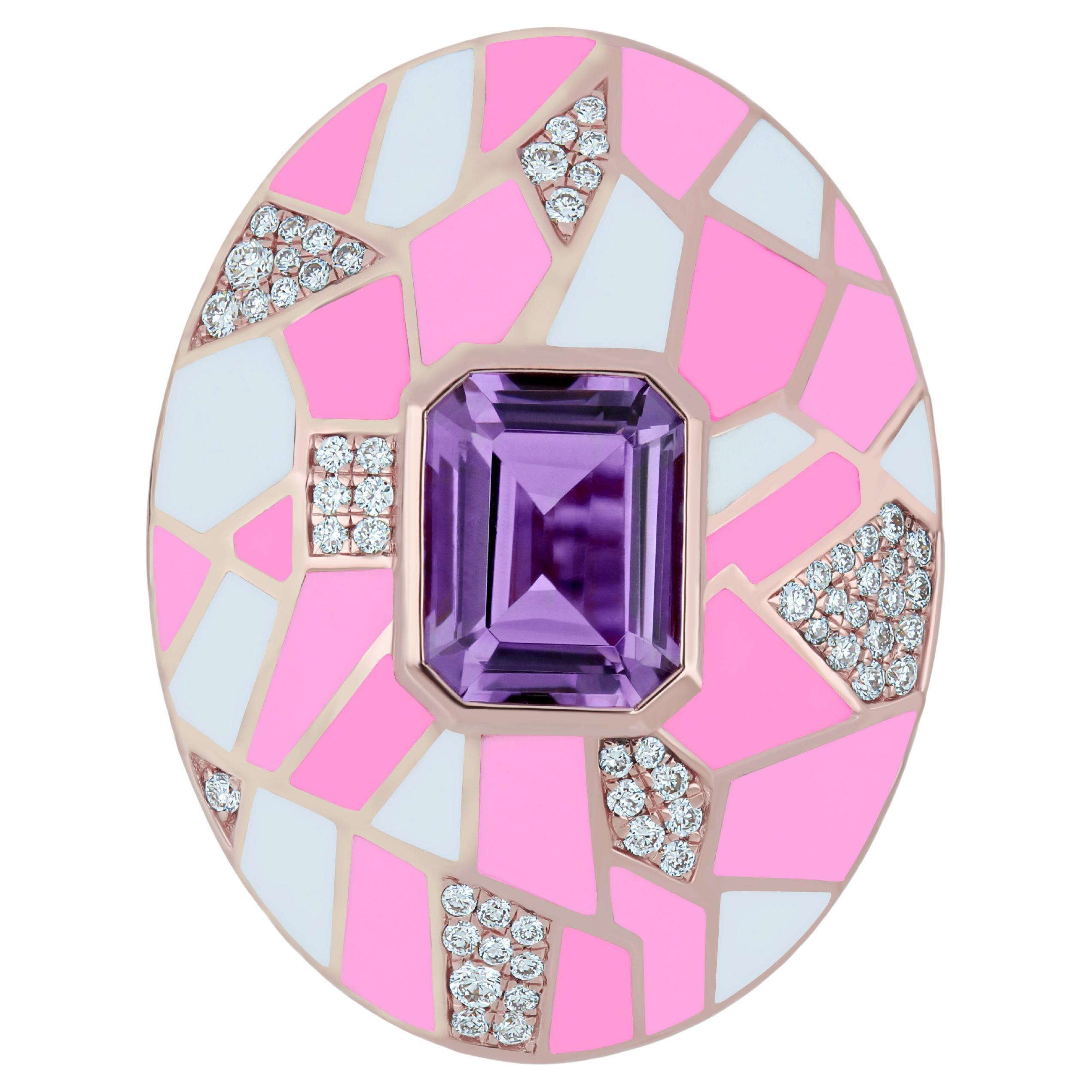 Pink Amethyst and Diamond 14K Rose Gold Enamel Ring for Charismas Gift
