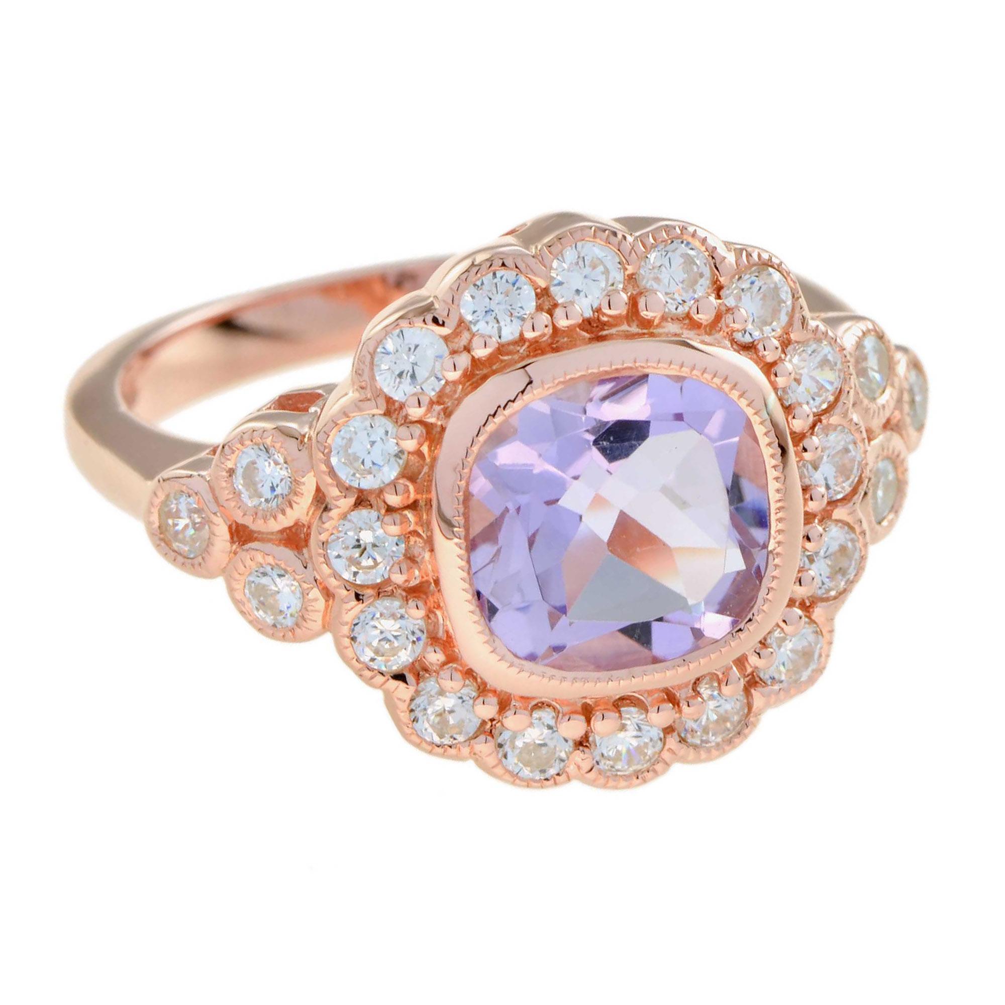 For Sale:  Pink Amethyst and Diamond Antique Style Halo Engagement Ring in 14k Rose Gold 2
