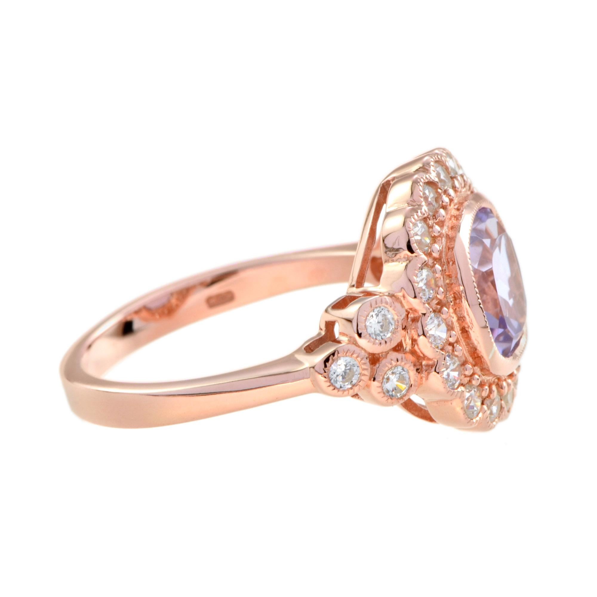 For Sale:  Pink Amethyst and Diamond Antique Style Halo Engagement Ring in 14k Rose Gold 3