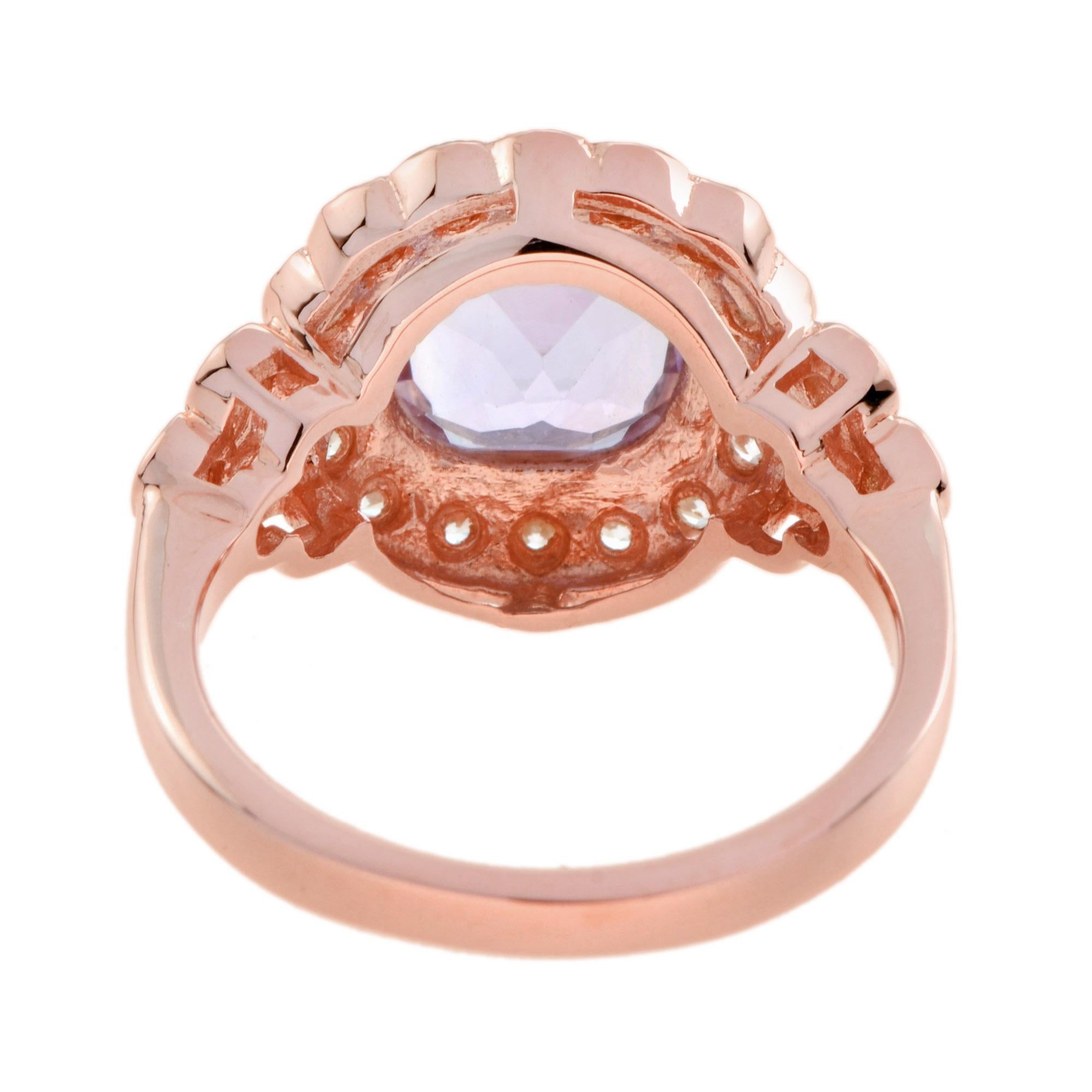 For Sale:  Pink Amethyst and Diamond Antique Style Halo Engagement Ring in 14k Rose Gold 4
