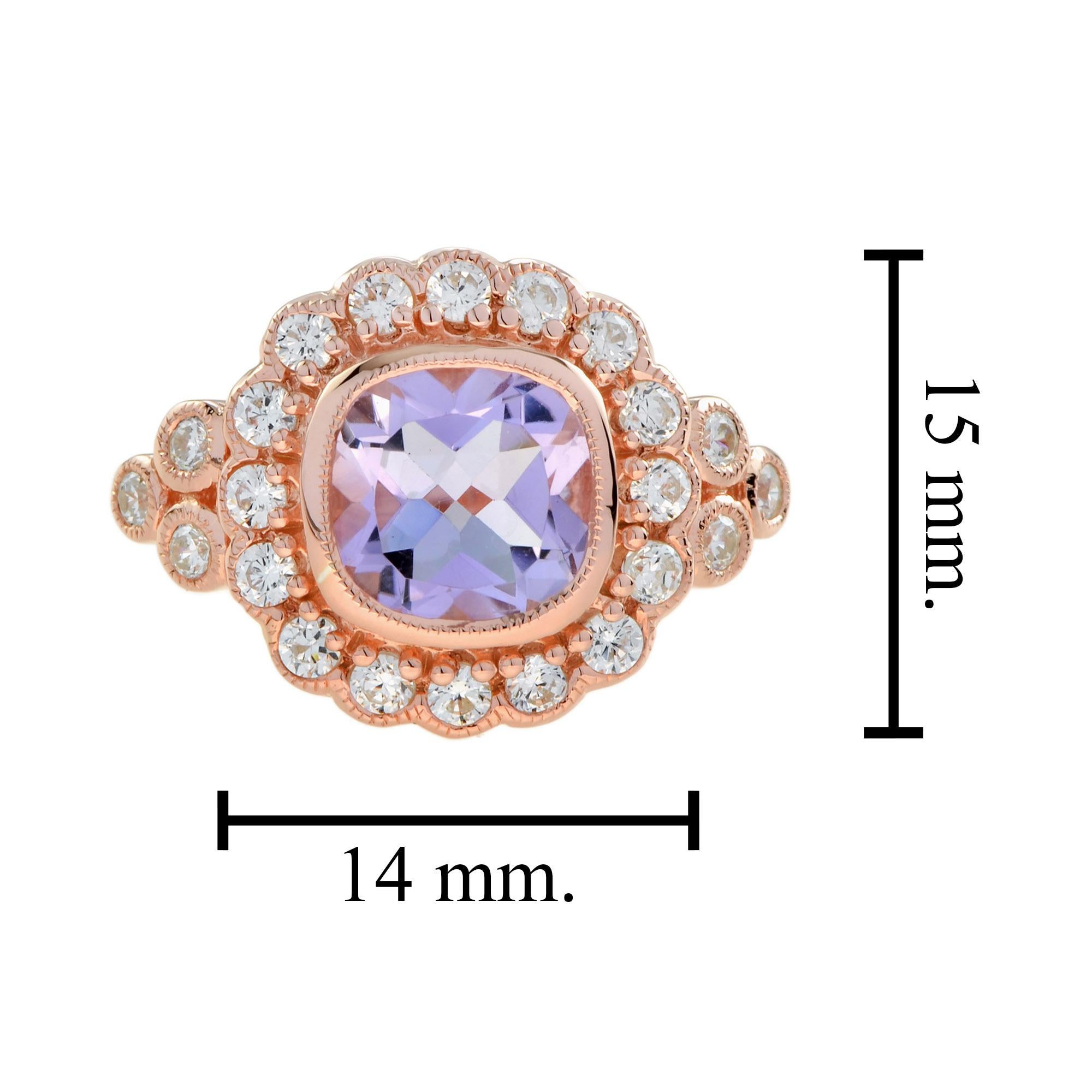 For Sale:  Pink Amethyst and Diamond Antique Style Halo Engagement Ring in 14k Rose Gold 6