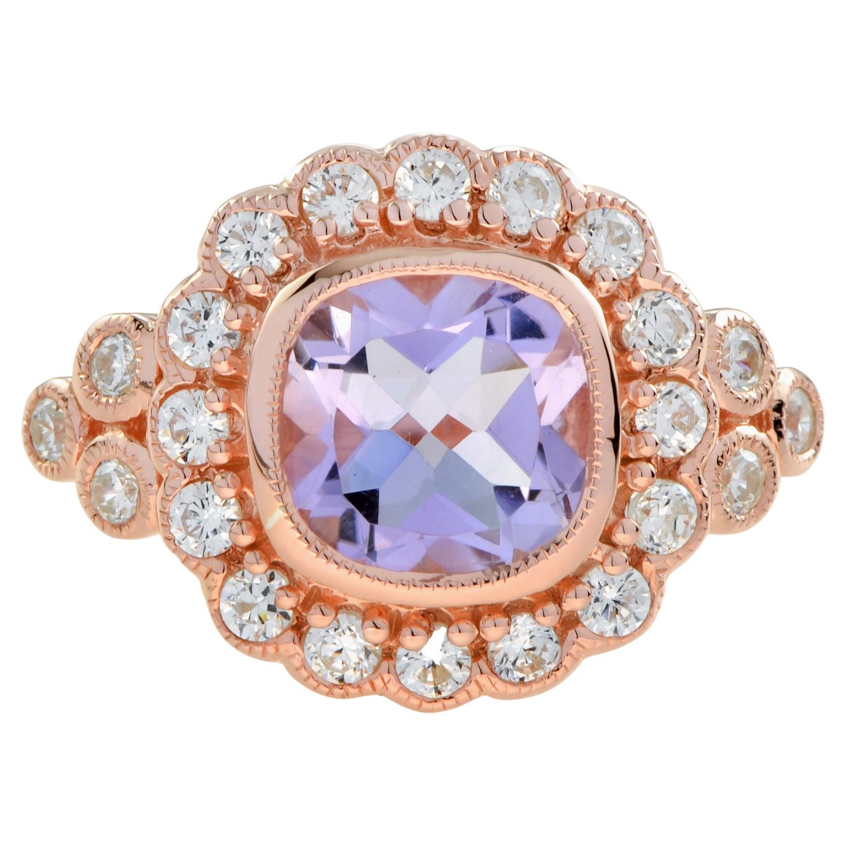 Pink Amethyst and Diamond Antique Style Halo Engagement Ring in 14k Rose Gold