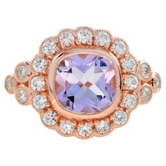 Pink Amethyst and Diamond Antique Style Halo Engagement Ring in 14K Rose Gold