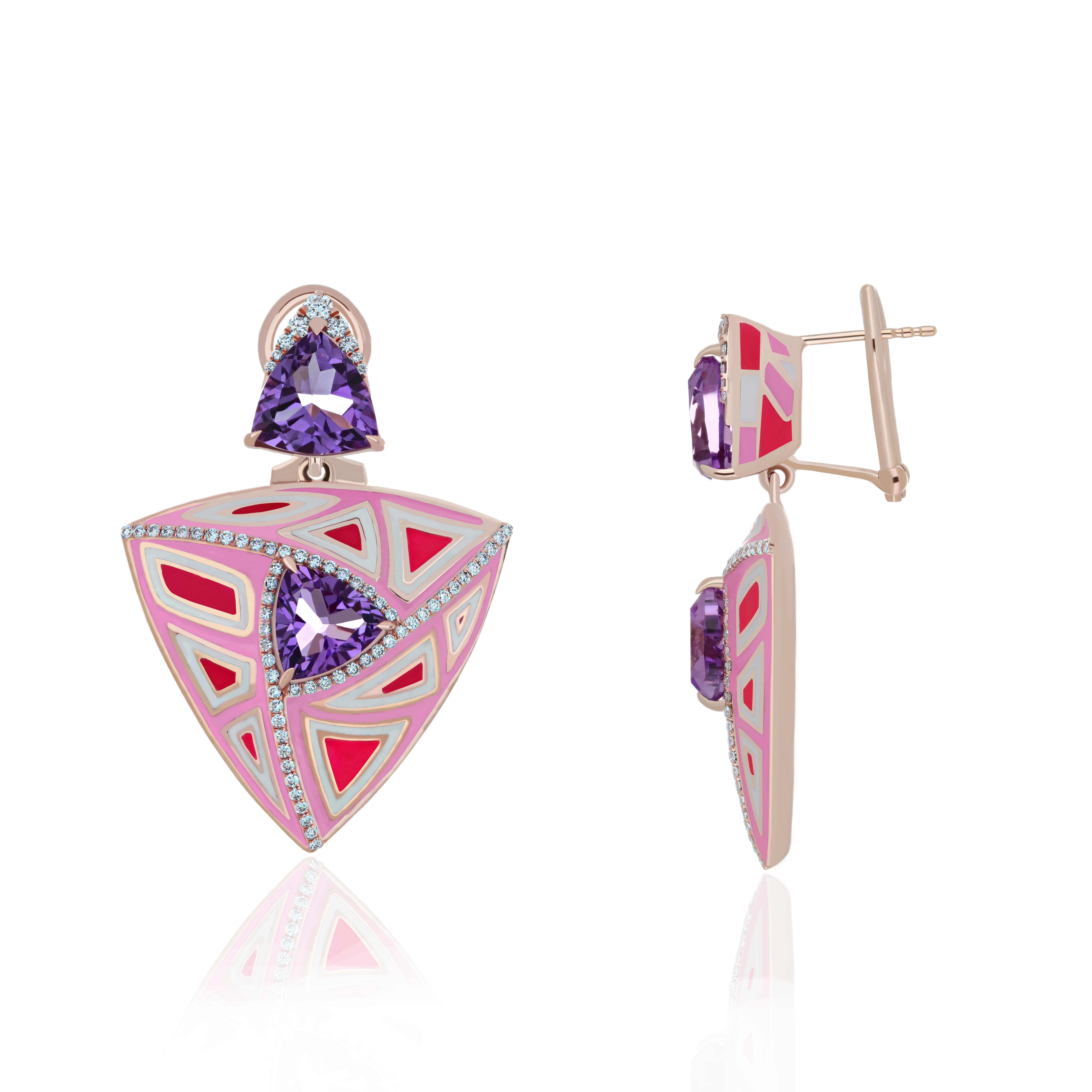 Elegant and exquisitely detailed 14karat Roes Gold Earring, with 7.0 Cts (aaprx. total) Trillion Shape Pink Amethyst and Surrounded by Micro pave Diamonds, weighing approx. 0.58 CT's. total carat weight and Enamel to further enhance the beauty of