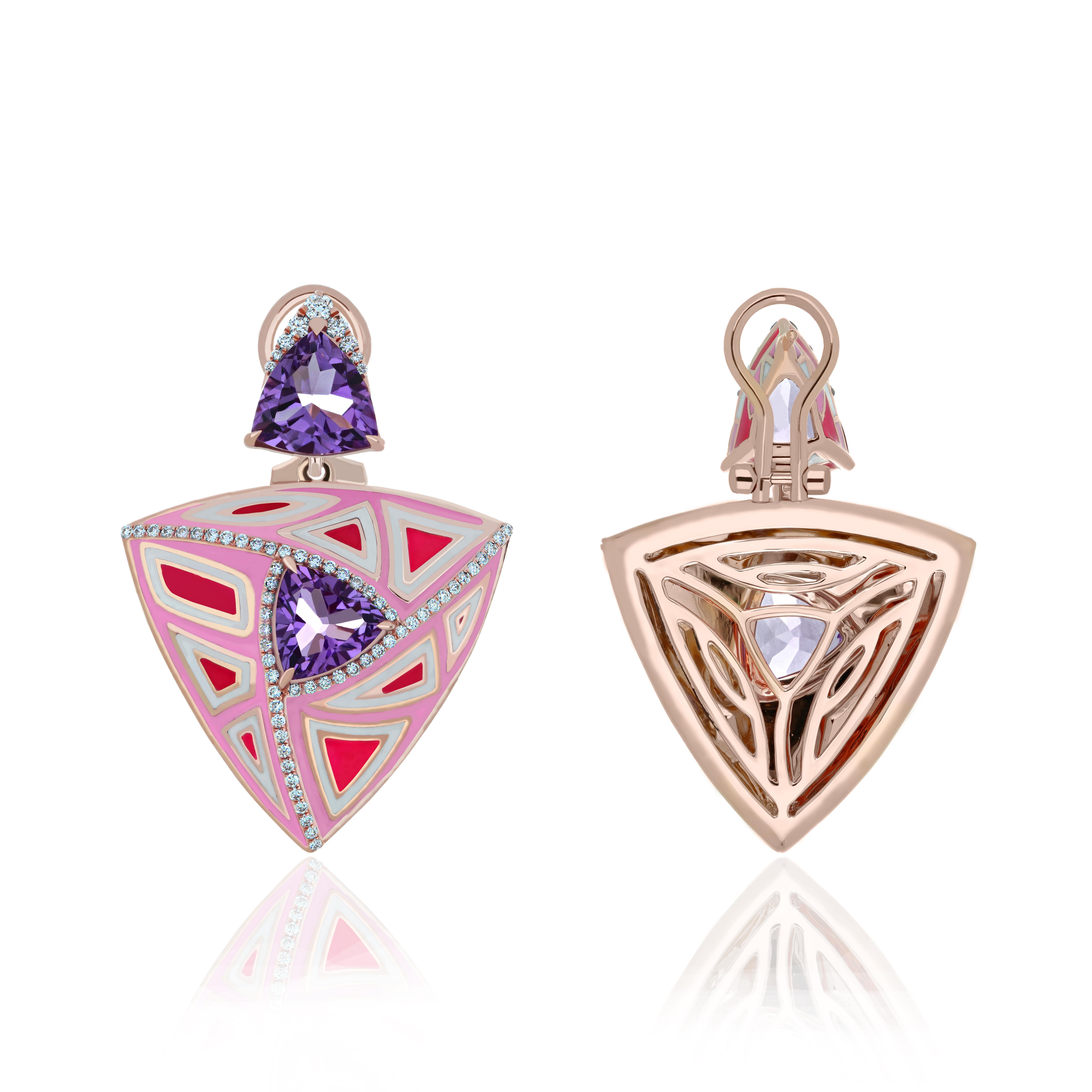 Trillion Cut Pink Amethyst and Diamond Enamel Earring in 14K Rose Gold Beautiful Earring For Sale