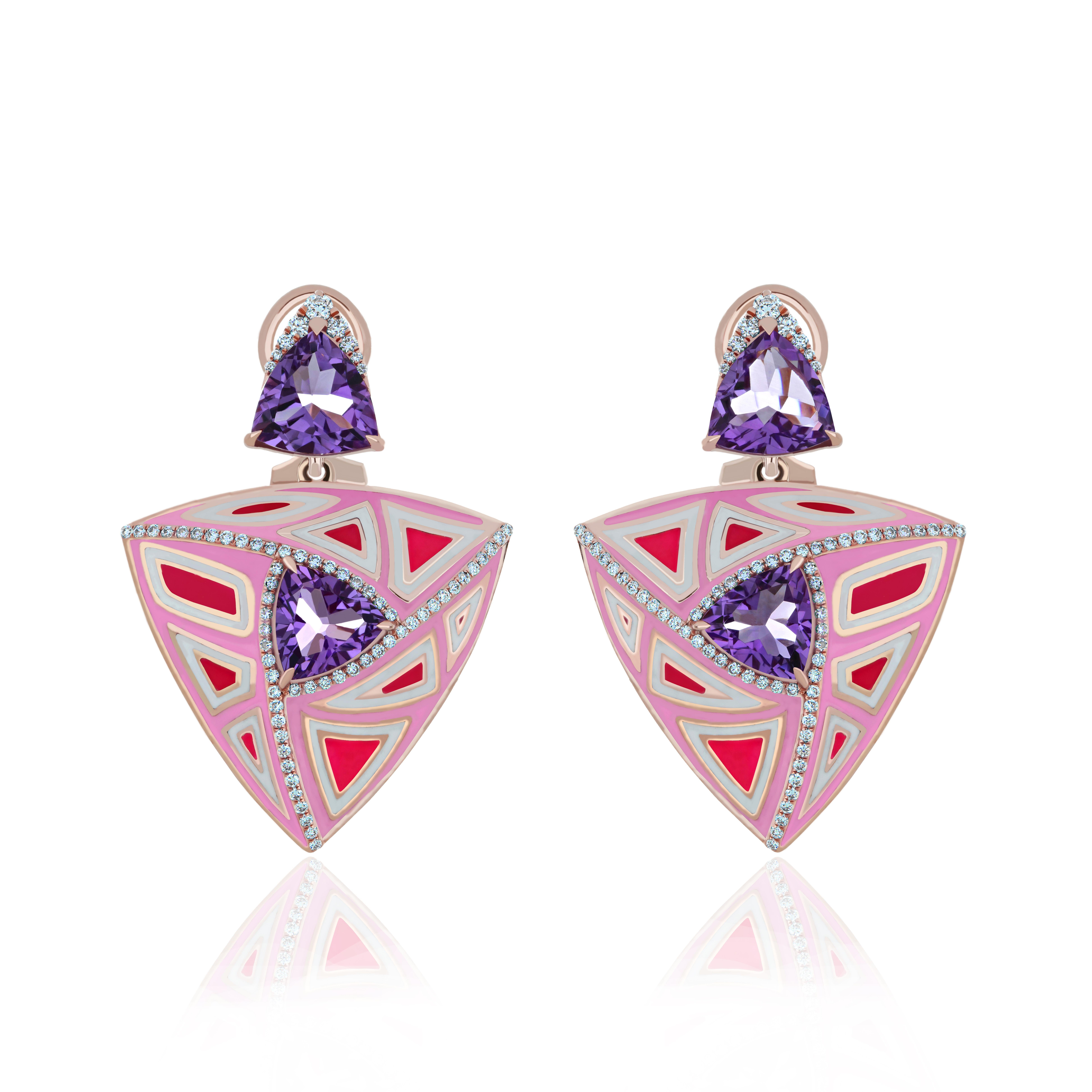 Pink Amethyst and Diamond Enamel Earring in 14K Rose Gold Beautiful Earring In New Condition For Sale In JAIPUR, IN