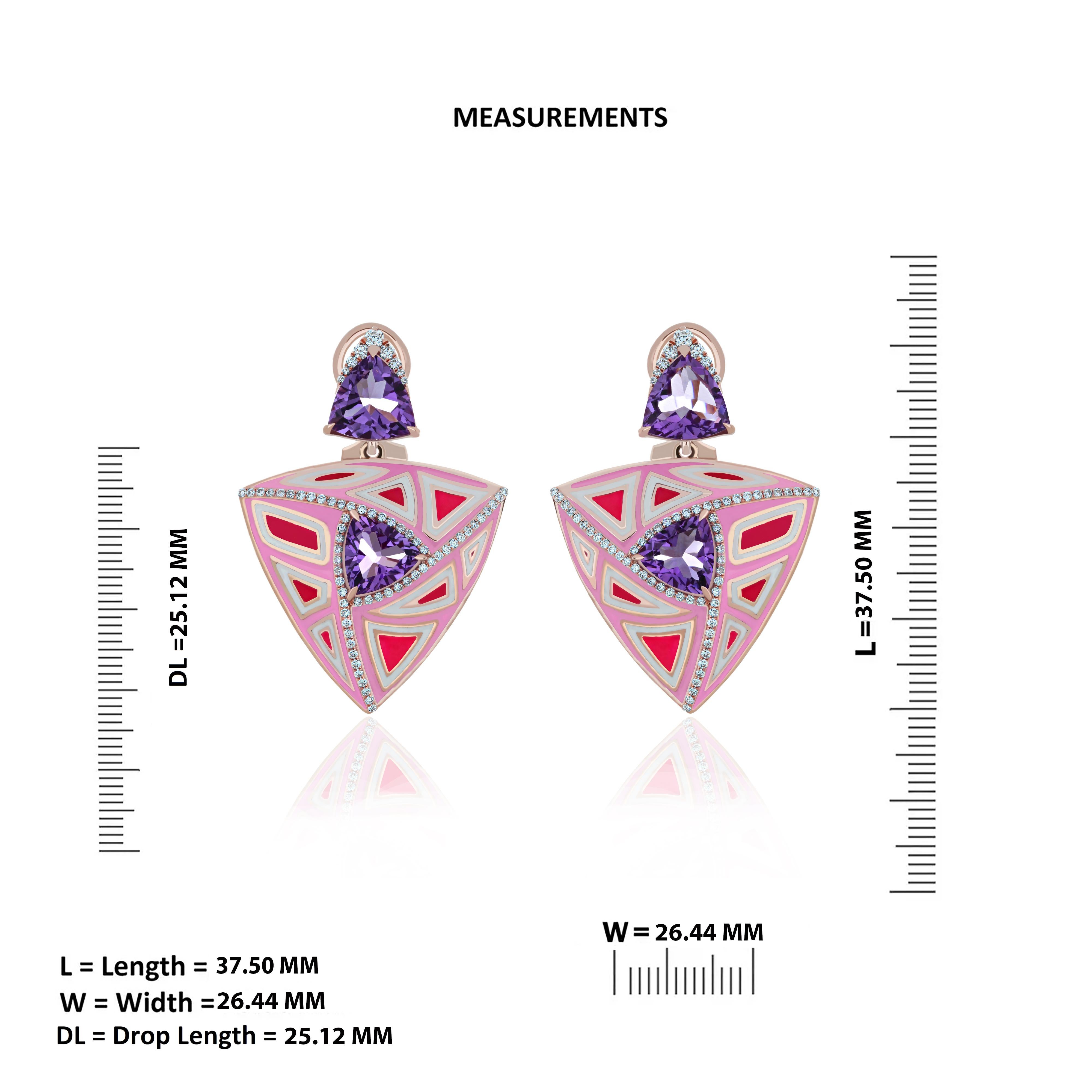Women's Pink Amethyst and Diamond Enamel Earring in 14K Rose Gold Beautiful Earring For Sale