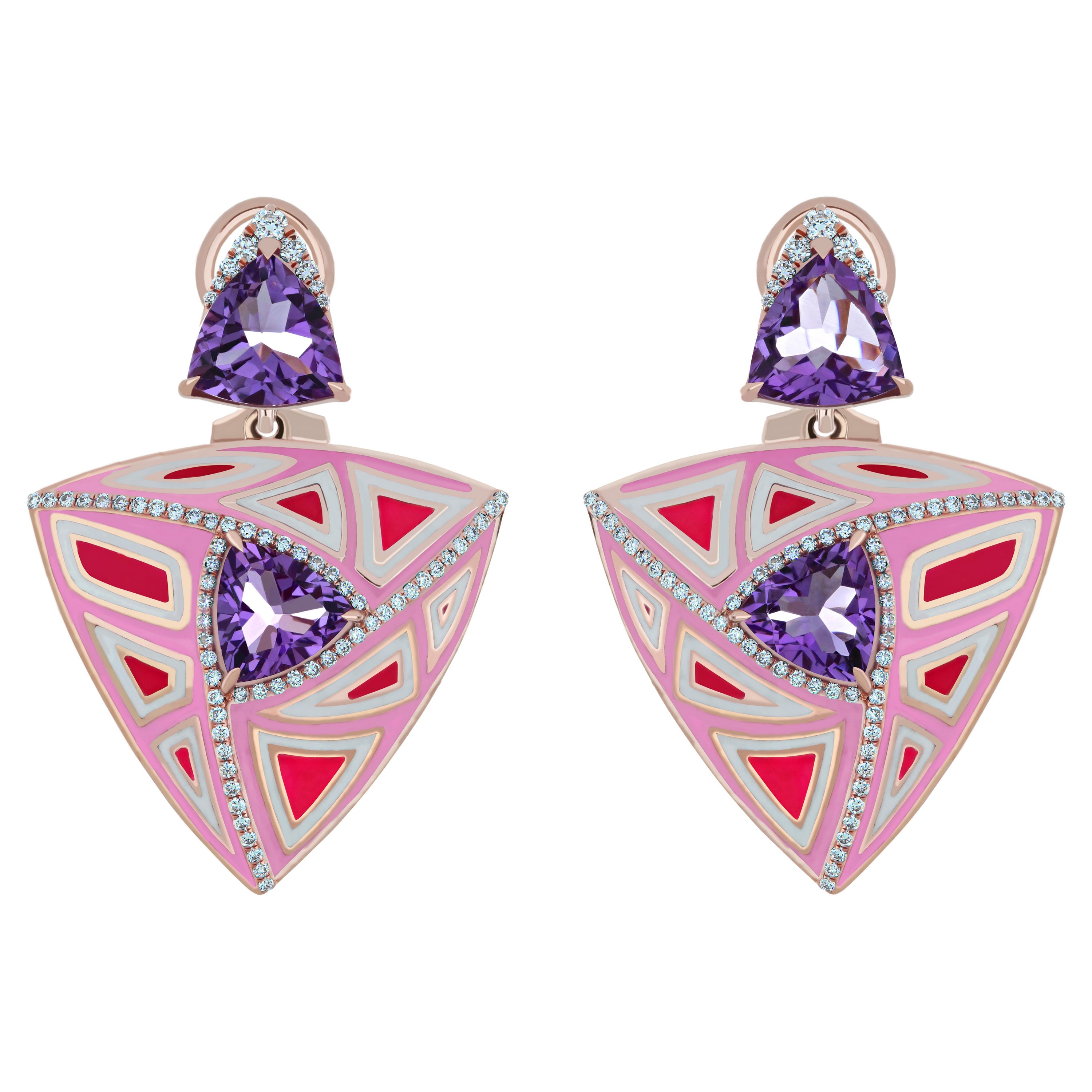 Belle boucle d'oreilles en or rose 14 carats, améthyste rose et émail de diamants en vente