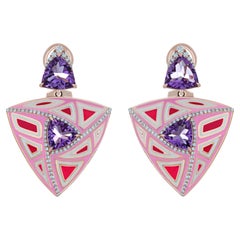 Pink Amethyst and Diamond Enamel Earring in 14K Rose Gold Beautiful Earring