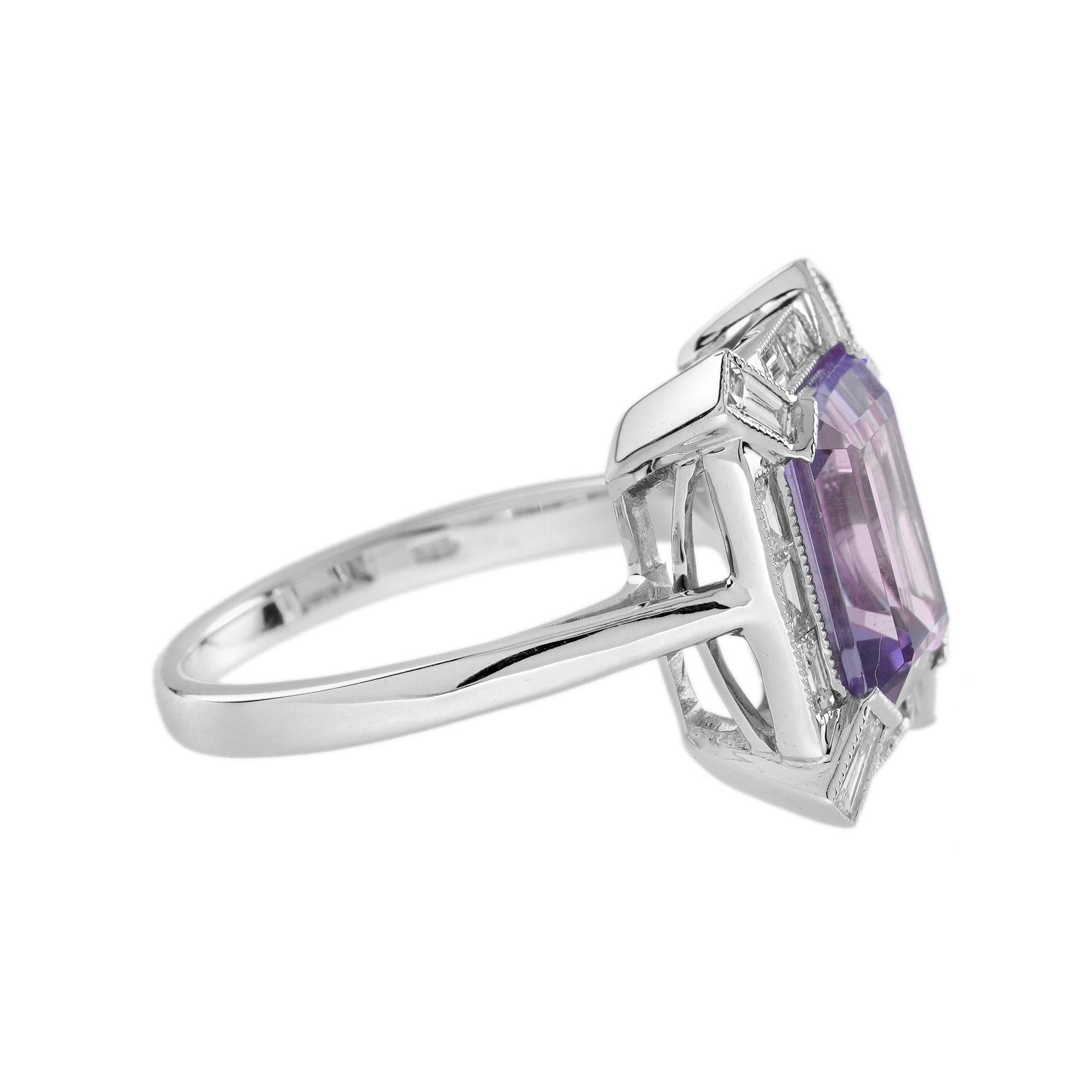 Women's Pink Amethyst Baguette Diamond Halo Art Deco Style Engagement Ring in 18K Gold For Sale
