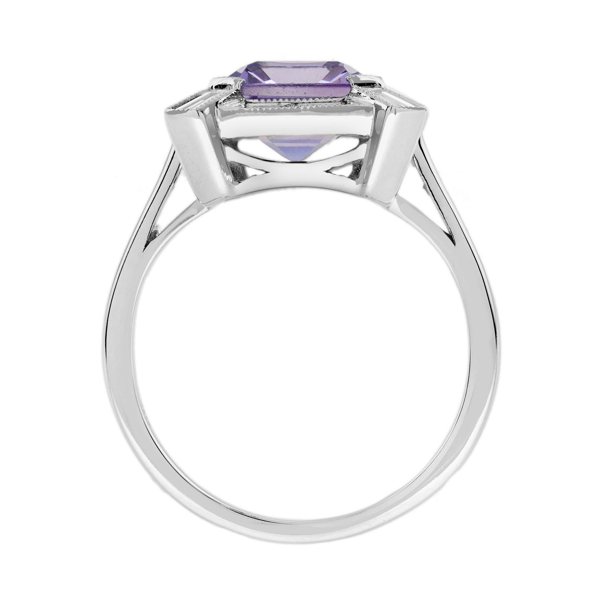 Pink Amethyst Baguette Diamond Halo Art Deco Style Engagement Ring in 18K Gold For Sale 2