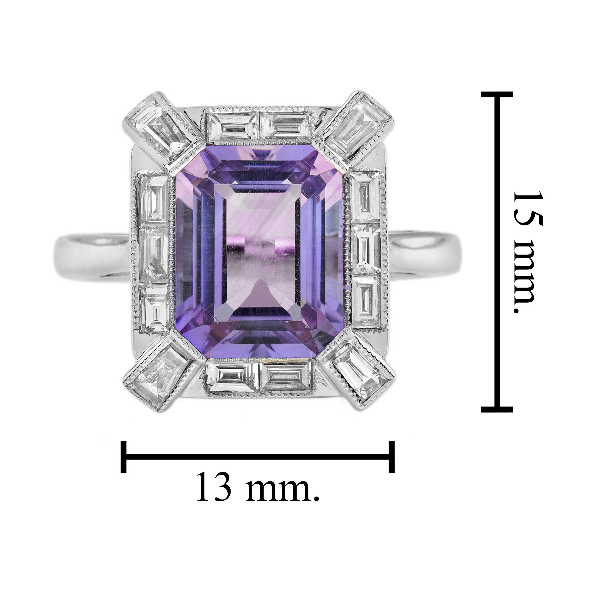 Bague de fiançailles de style Art déco en or 18 carats avec améthyste rose, diamant baguette et halo de diamants en vente 3