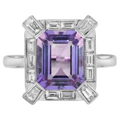 Pink Amethyst Baguette Diamond Halo Art Deco Style Engagement Ring in 18K Gold