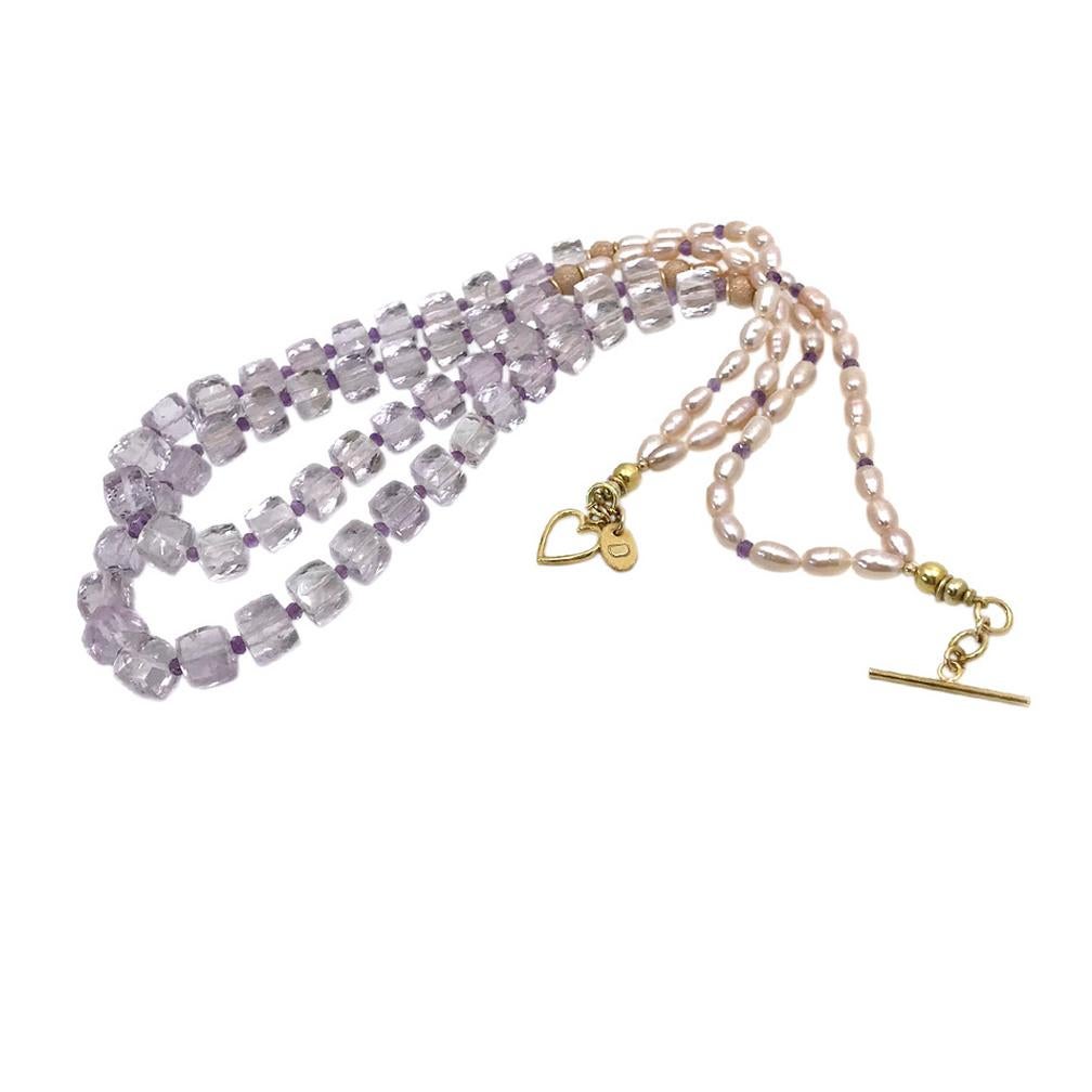 Halskette mit rosa Amethyst-Würfel- und Perlen-Halskette mit gefüllten Komponenten aus Roségold (Künstler*in) im Angebot