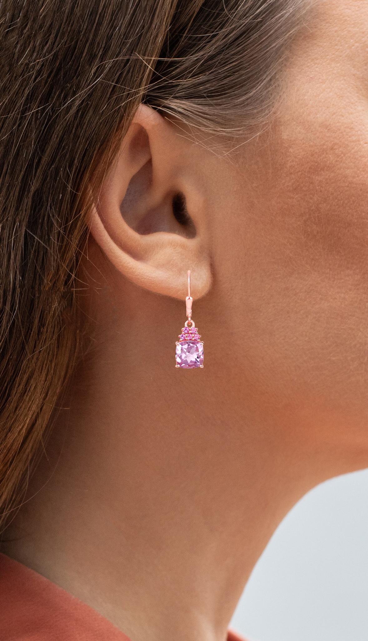 Contemporary Pink Amethyst Dangle Earrings With Rhodolite Garnets 4.90 Carats 18K Plated For Sale